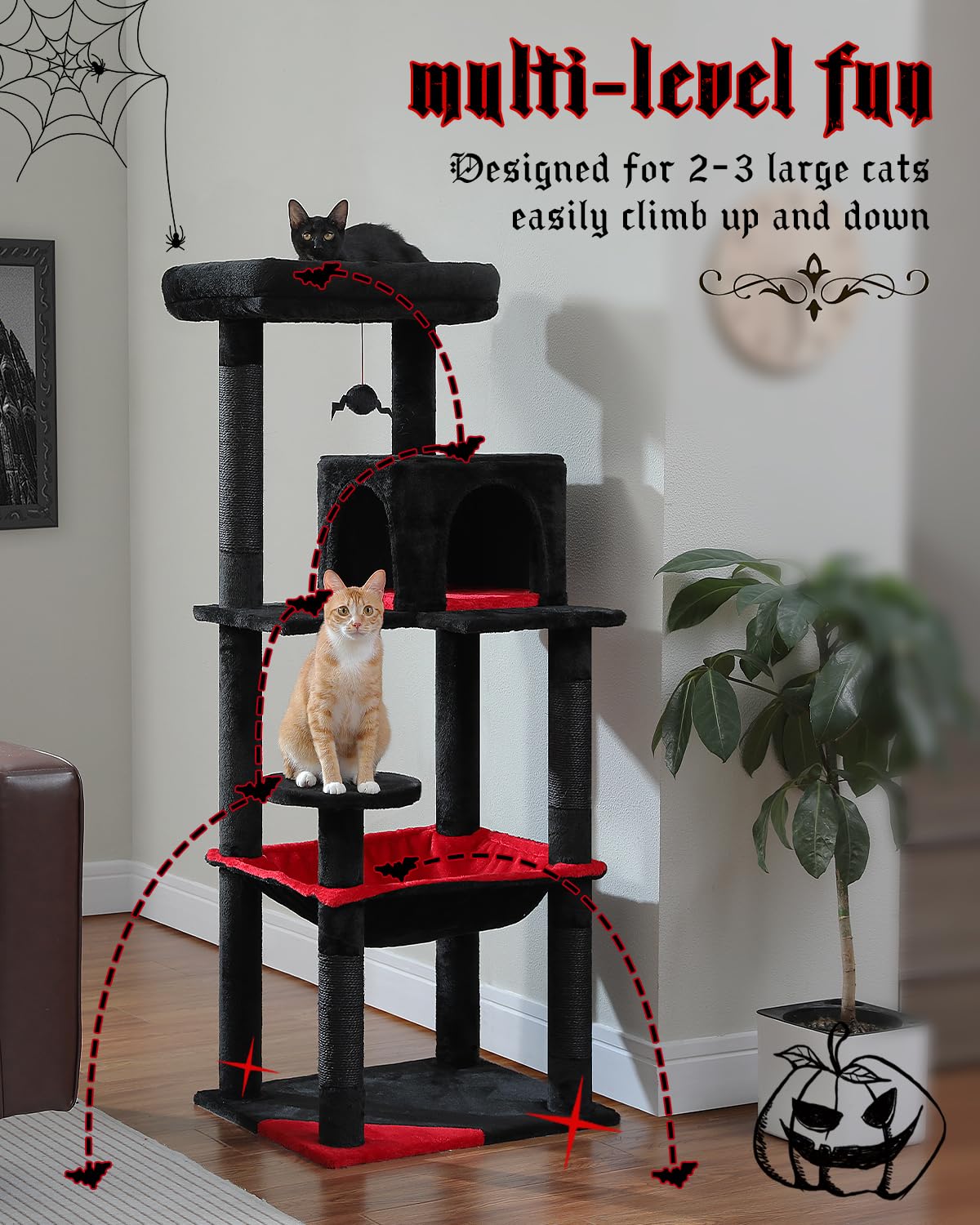 Muttros Gothic Cat Tree With Super Large Hammock, 56.3' Black Cat Tower With Coffin Bed, Cat Condo, Sisal Scratching Posts & Top Perch, Multi-Level Goth Cat Tree, Halloween, Black
