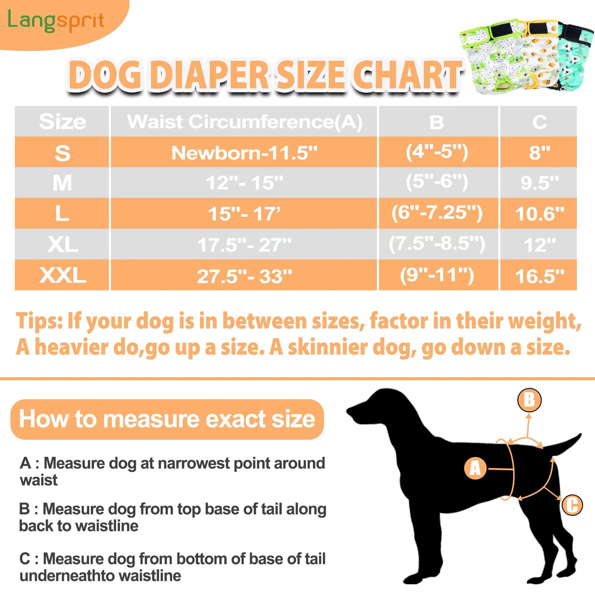 Langsprit Washable Female Dog Diapers (3 Pack) - No Leak Reusable Diapers for Doggy Female in Period - Highly Absorbent Dog Heat