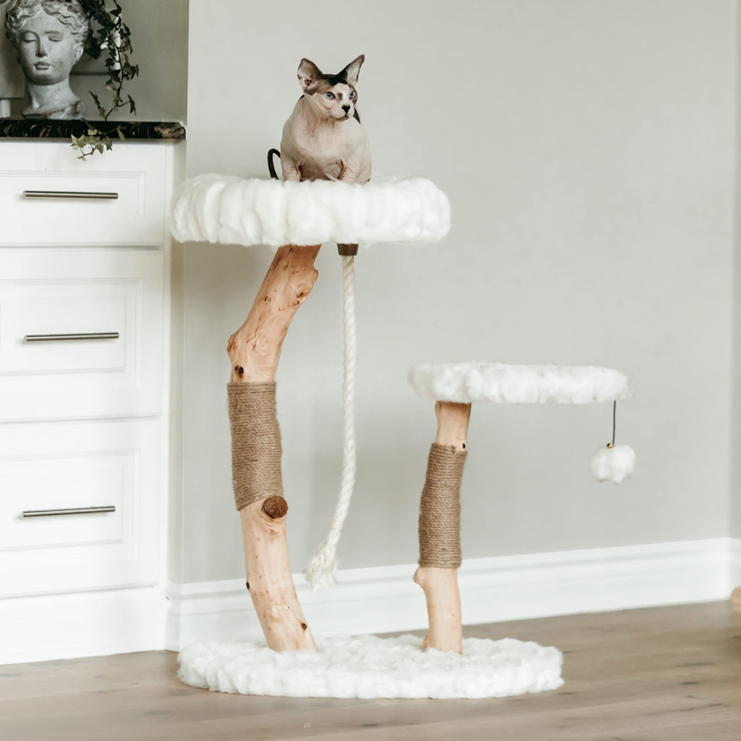 Mau Lifestyle Modern Cat Tree Tower - Luxury Wood Cat Condo, Cotton White, Model ANI-101-WHT