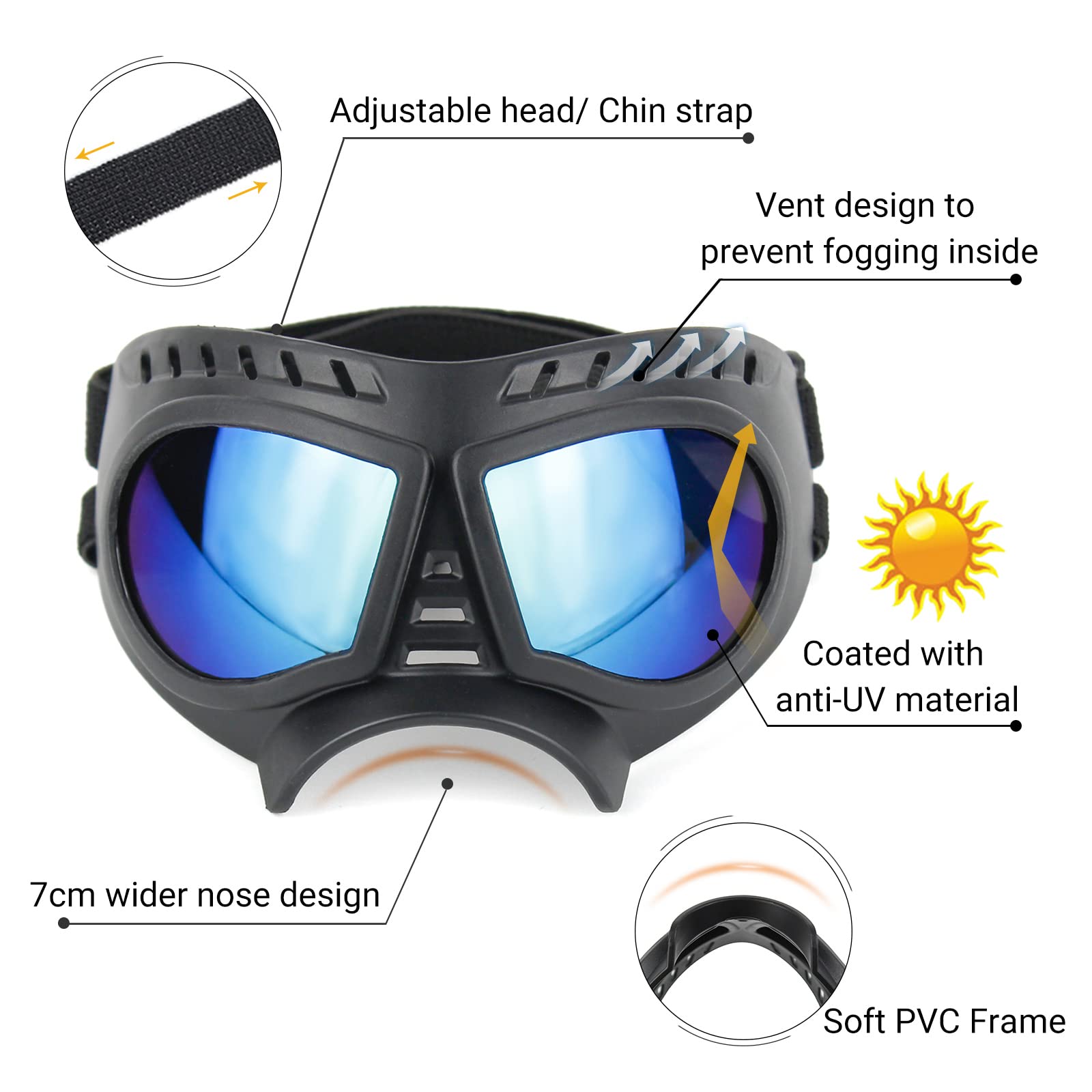 Billionchains Dog Goggles Windproof For Small-Medium Breeds Dog Sunglasses Anti-Uv With Adjustable Straps For Small Dog - Blue