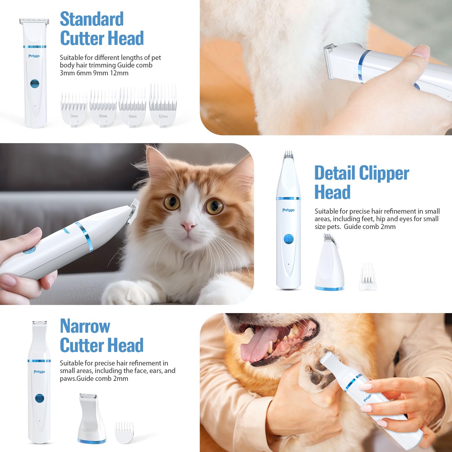 PETYGO 3-in-1 Dog Grooming Clippers Kit - Rechargeable Low Noise Pet Trimmer Set with Paw Trimmer, Cordless Nail Grinder, Shaver