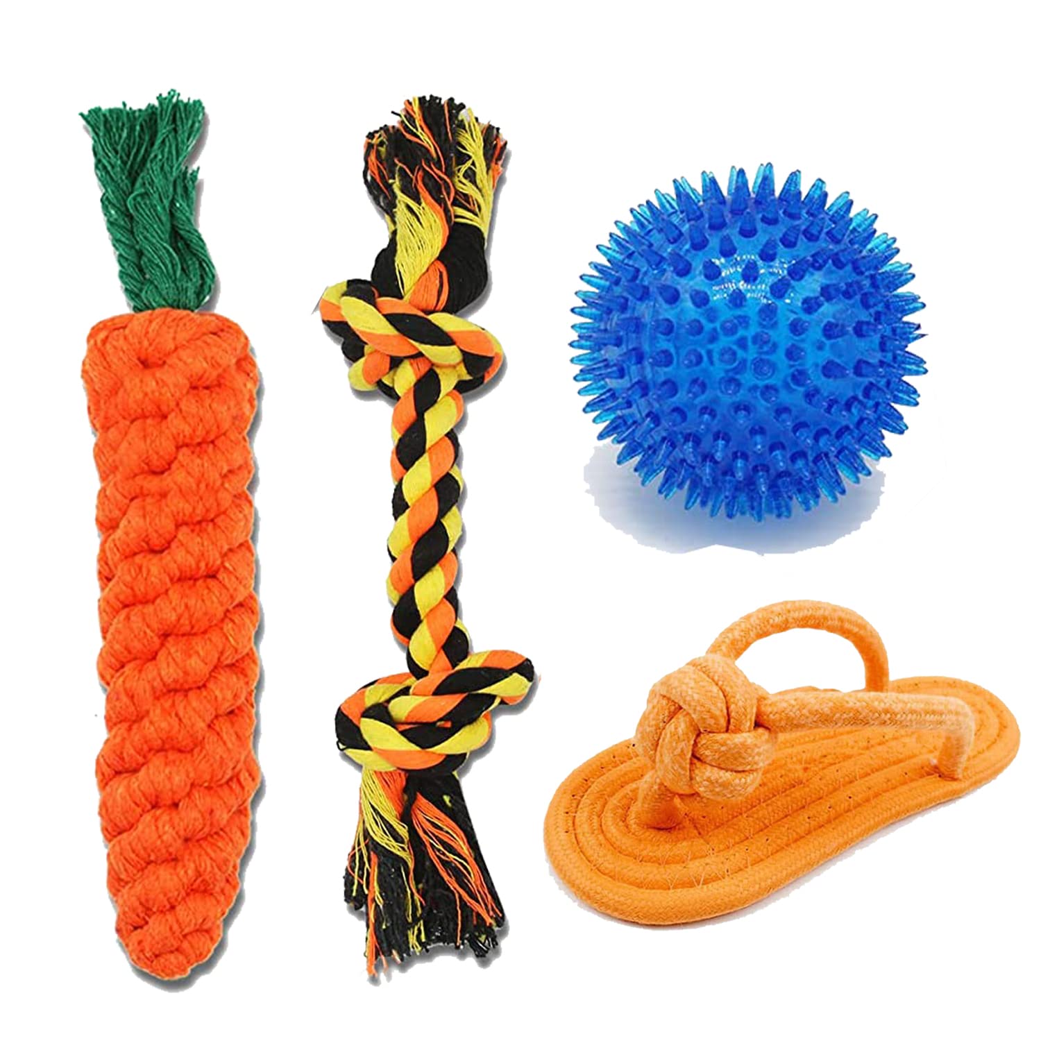 Youhavedeal Dog Toys For Puppies, Spike Teether Ball Toy + Rope Toys + Squeaky Toy For Medium Breed  Color May Vary (4 Pack)