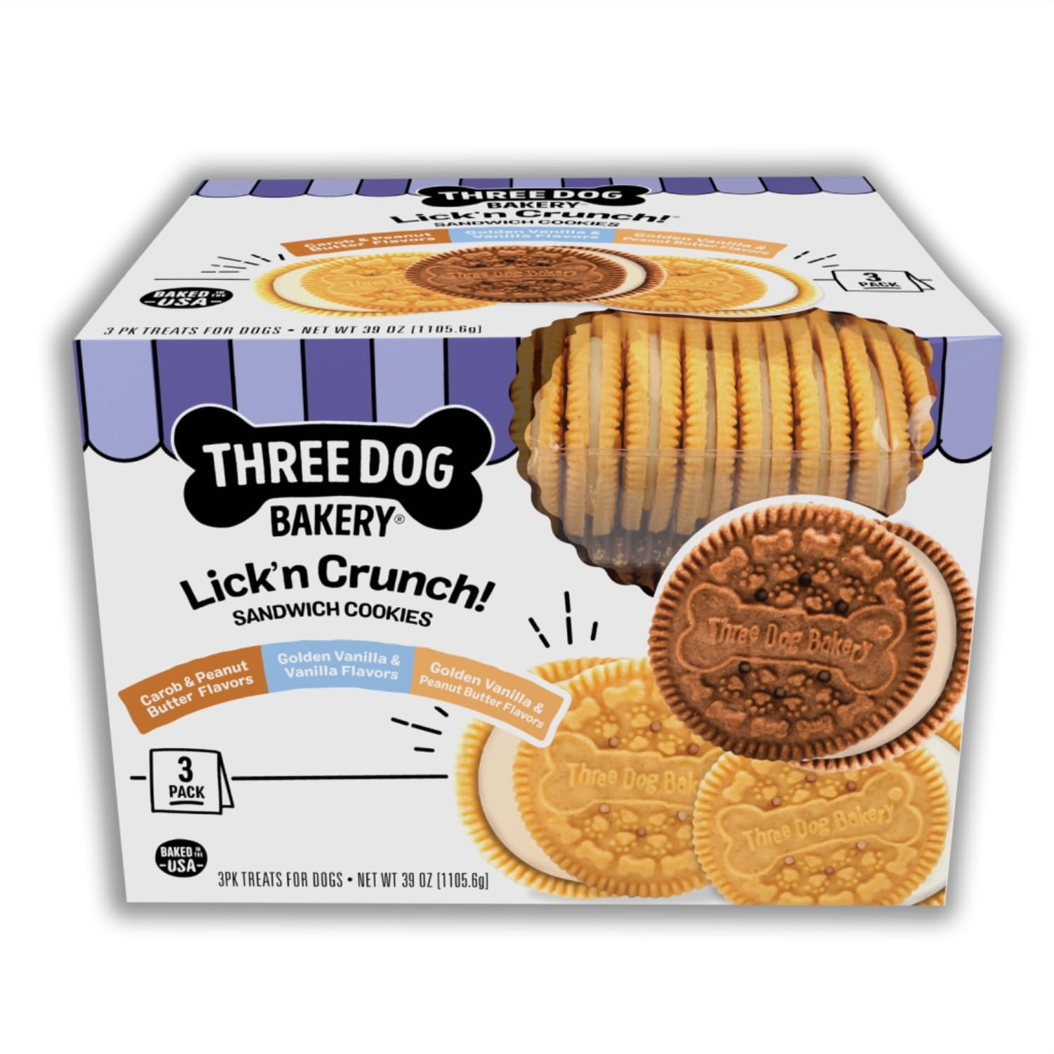 Three Dog Bakery Lickn Crunch Sandwich Cookies Premium Dog Treats with No Artificial Flavors, Carob/Peanut Butter, Golden/Vanil