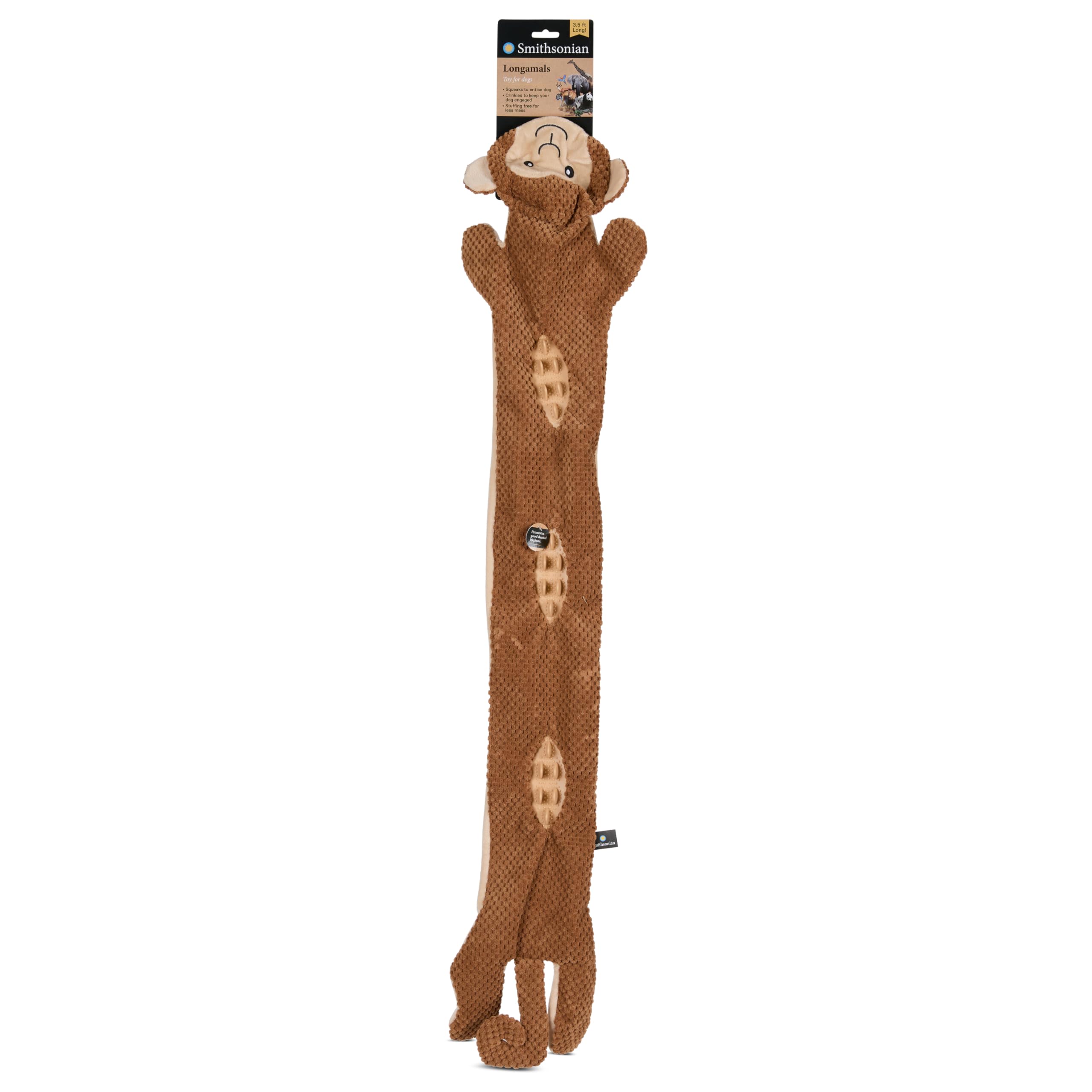 Smithsonian Longamals Monkey Plush Dog Toy  40 Crinkle & Squeaky, StuffingFree Interactive Tug Toy For Medium & Large Dogs