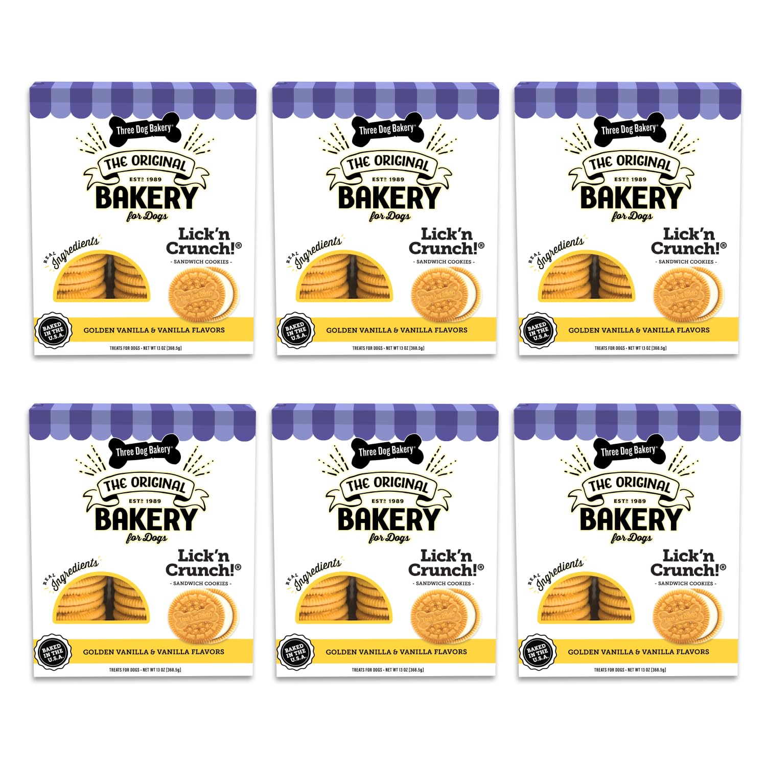 Three Dog Bakery Lickn Crunch! Sandwich Cookies, Golden & Vanilla Flavor, Premium Treats for Dogs, 13 Ounce Box, 6-Pack, (11406