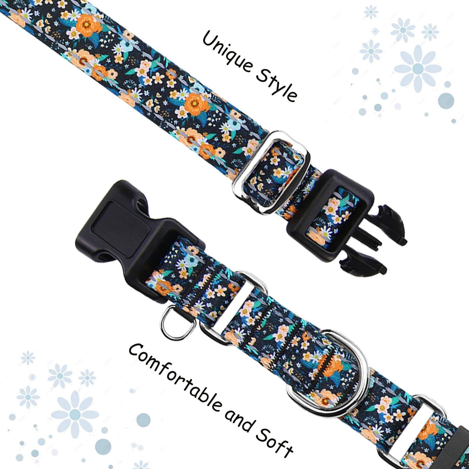 Fidohug Reflective Martingale Dog Collar With Buckle Soft Nylon Floral No Slip Dog Collars For Small Dogs (Black Orange Flowers,