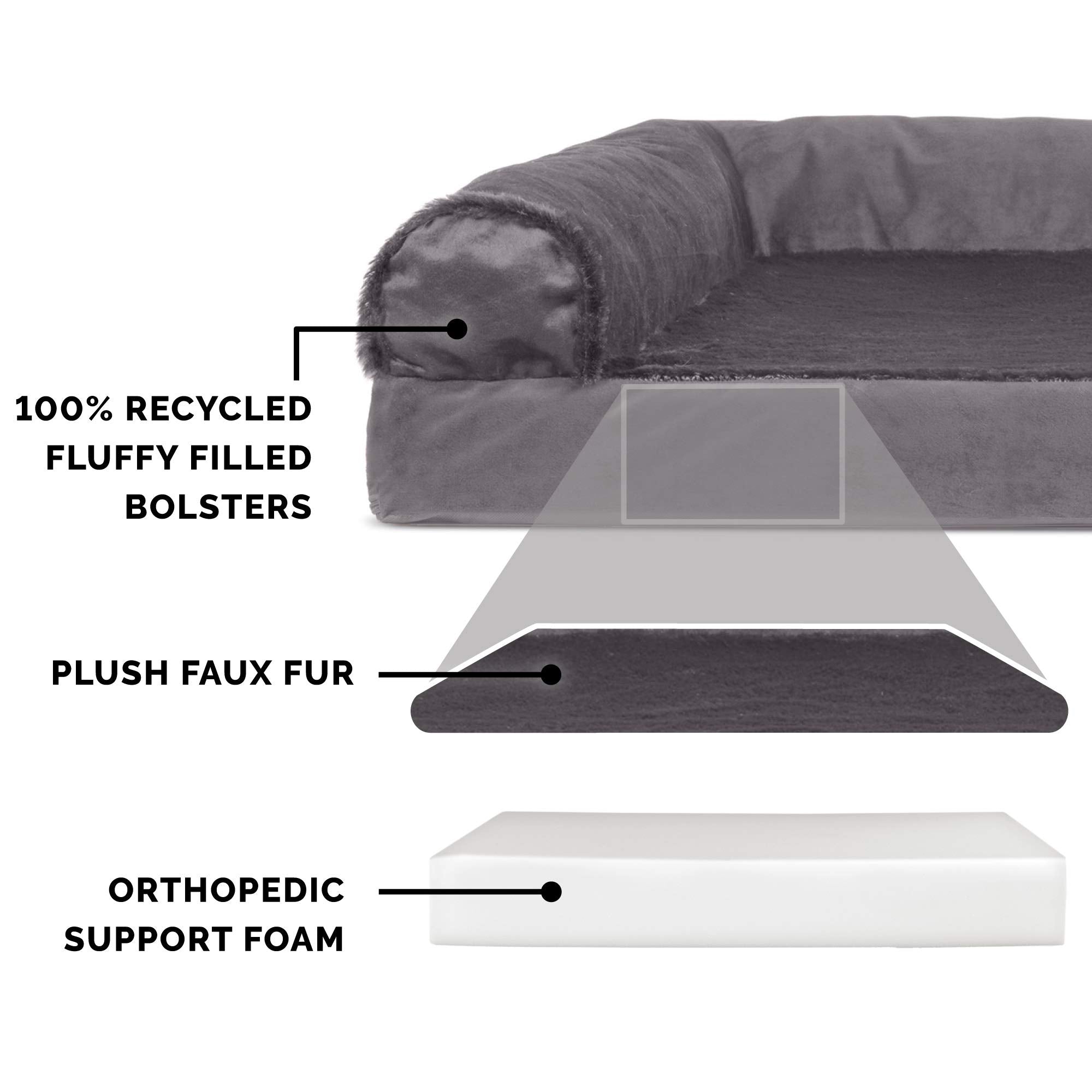 Furhaven Orthopedic Dog Bed For Large Dogs W/ Removable Bolsters & Washable Cover, For Dogs Up To 125 Lbs - Plush & Velvet L Shaped Chaise - Platinum Gray, Jumbo Plus/Xxl