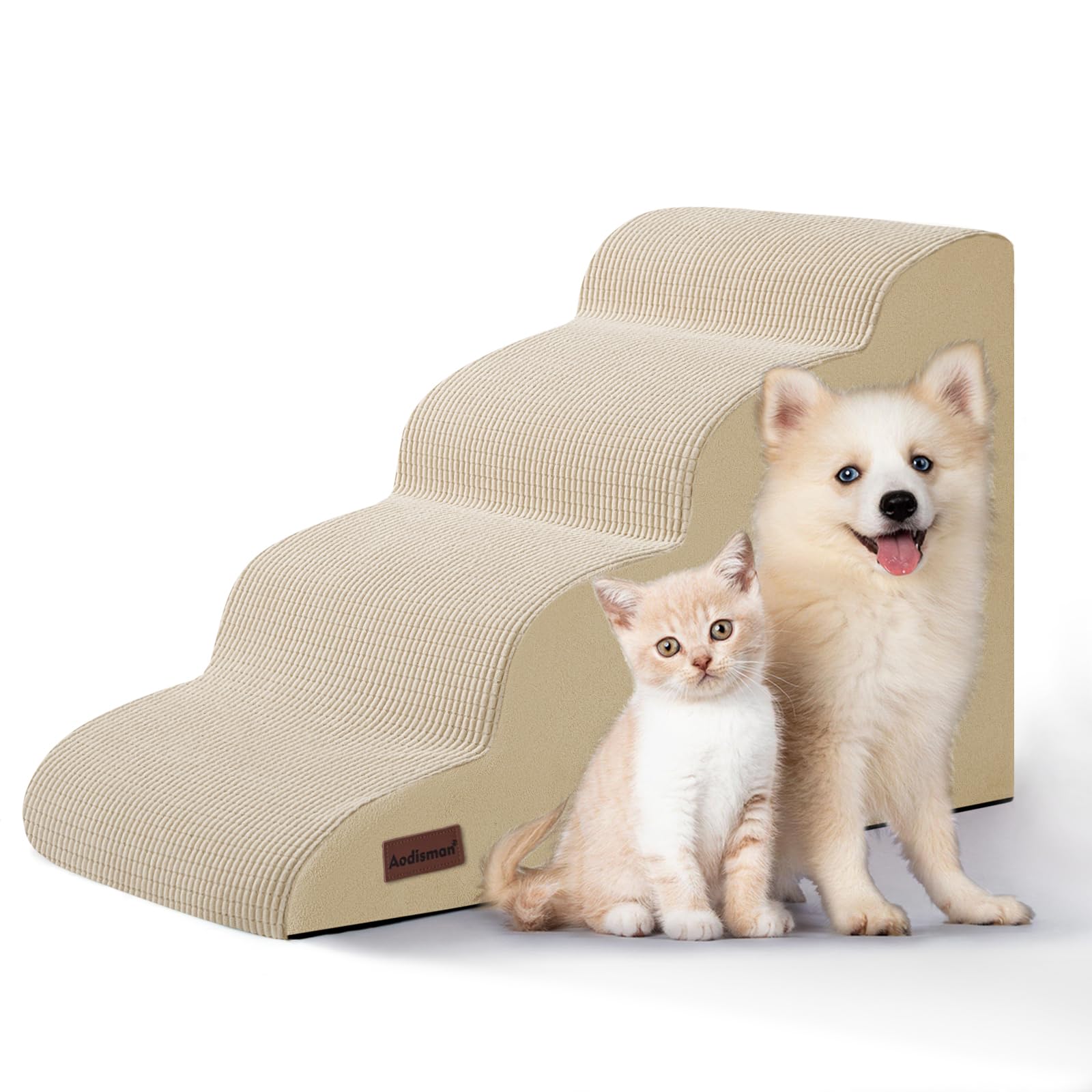Aodisman 4-Step Dog Stairs and Ramp for Beds or Couches,Non-Slip Sturdy Pet Steps for Small Dogs and Cats,17.4 H,Beige