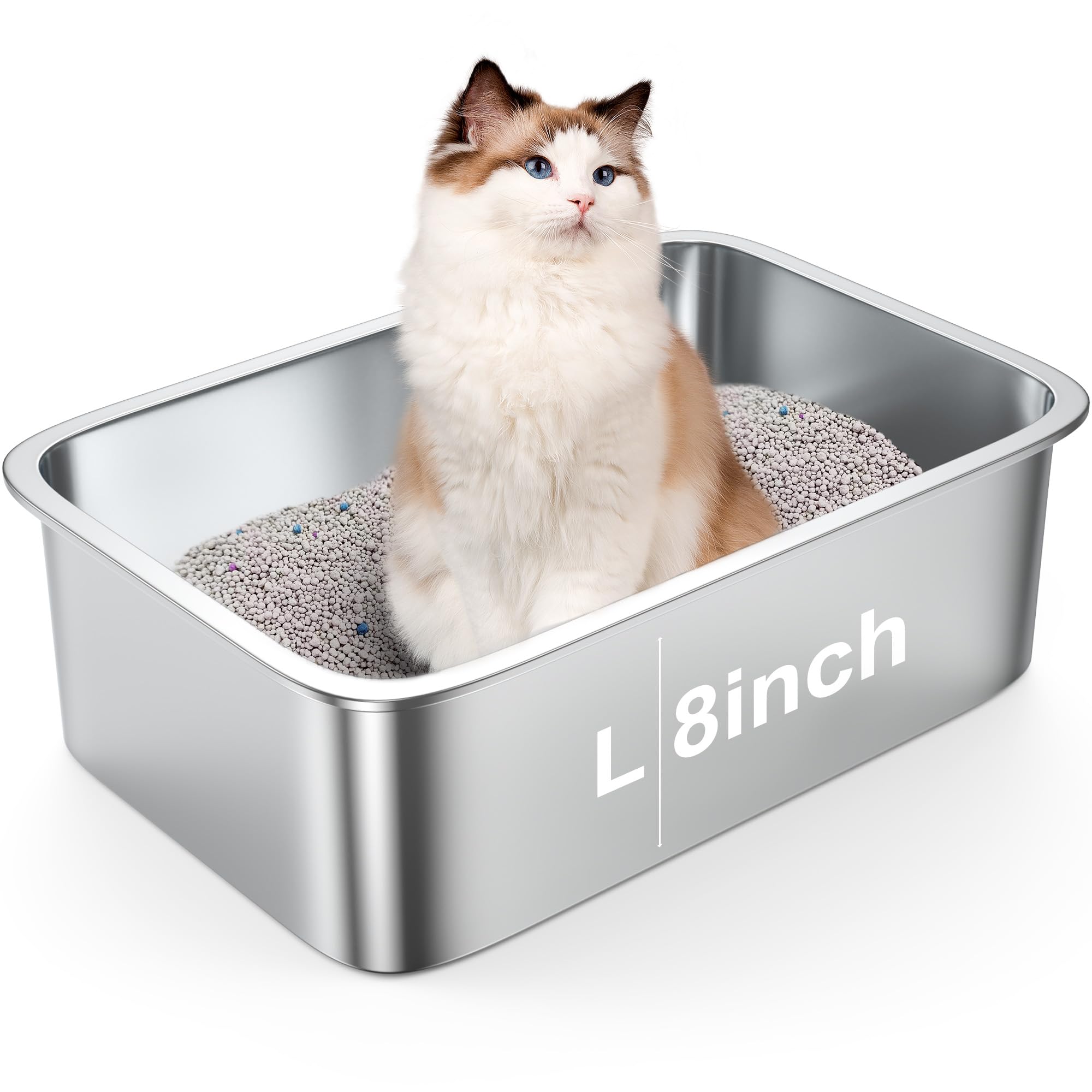 Nisrada 8'' Deep Litter Box, Stainless Steel, Silver, 23.6'' X 15.7'' X 8'', Cat, Easy To Clean, Non-Stick, Suitable For Indoor 