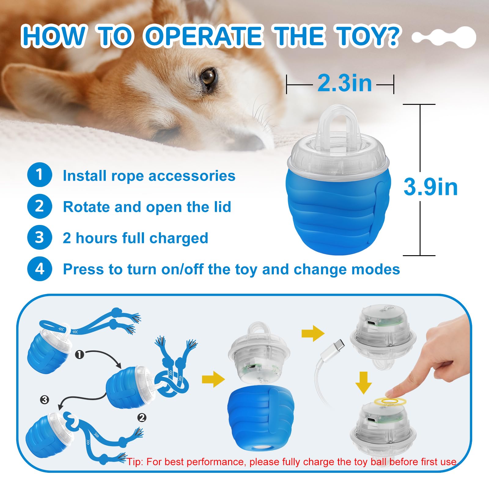 Huimpet Interactive Dog Ball Toy for Medium/Large Dogs, USB Rechargeable, Music Playing, Blue, Model: Dog Toy 01