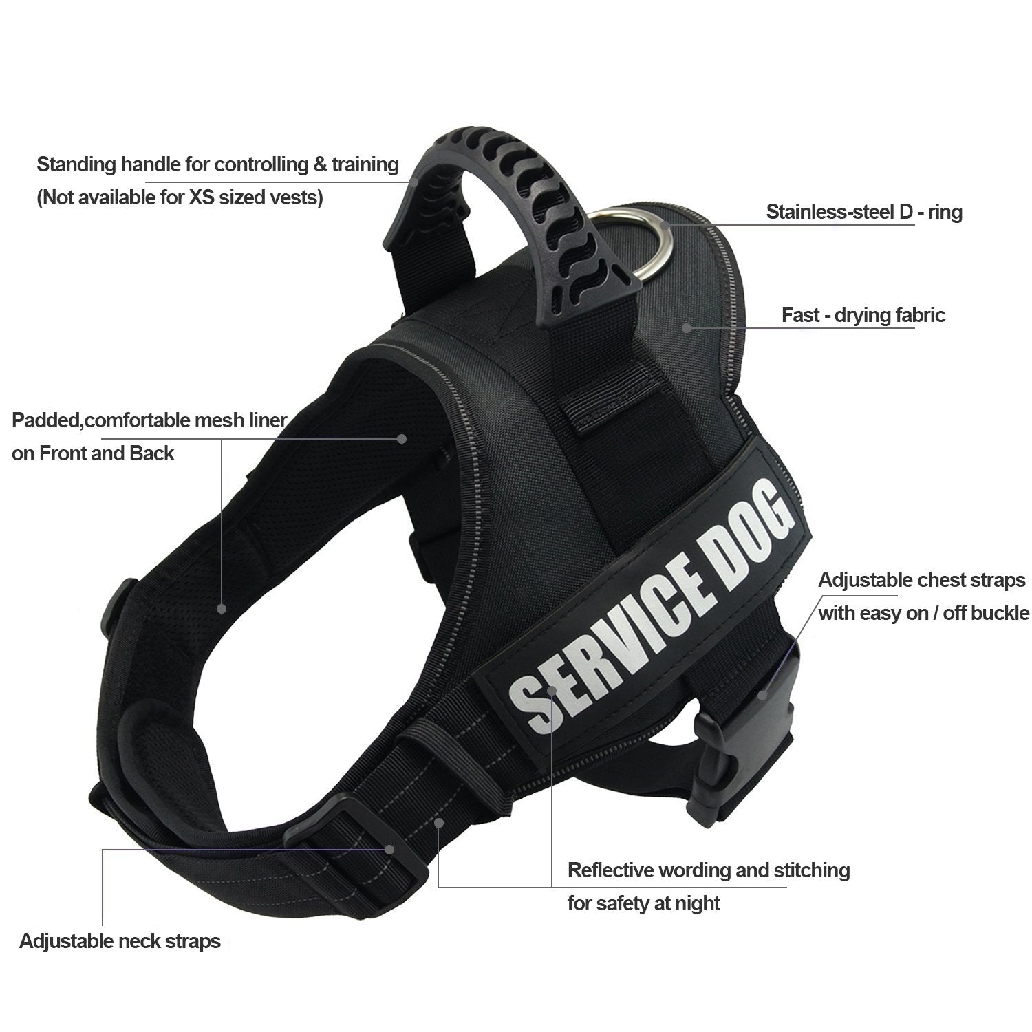 FAIRWIN No-Pull Dog Harness with Handle, Adjustable Reflective Patches, Nylon, XXL (Chest 34''-46'', Neck 31''-37''), Black, Model H088