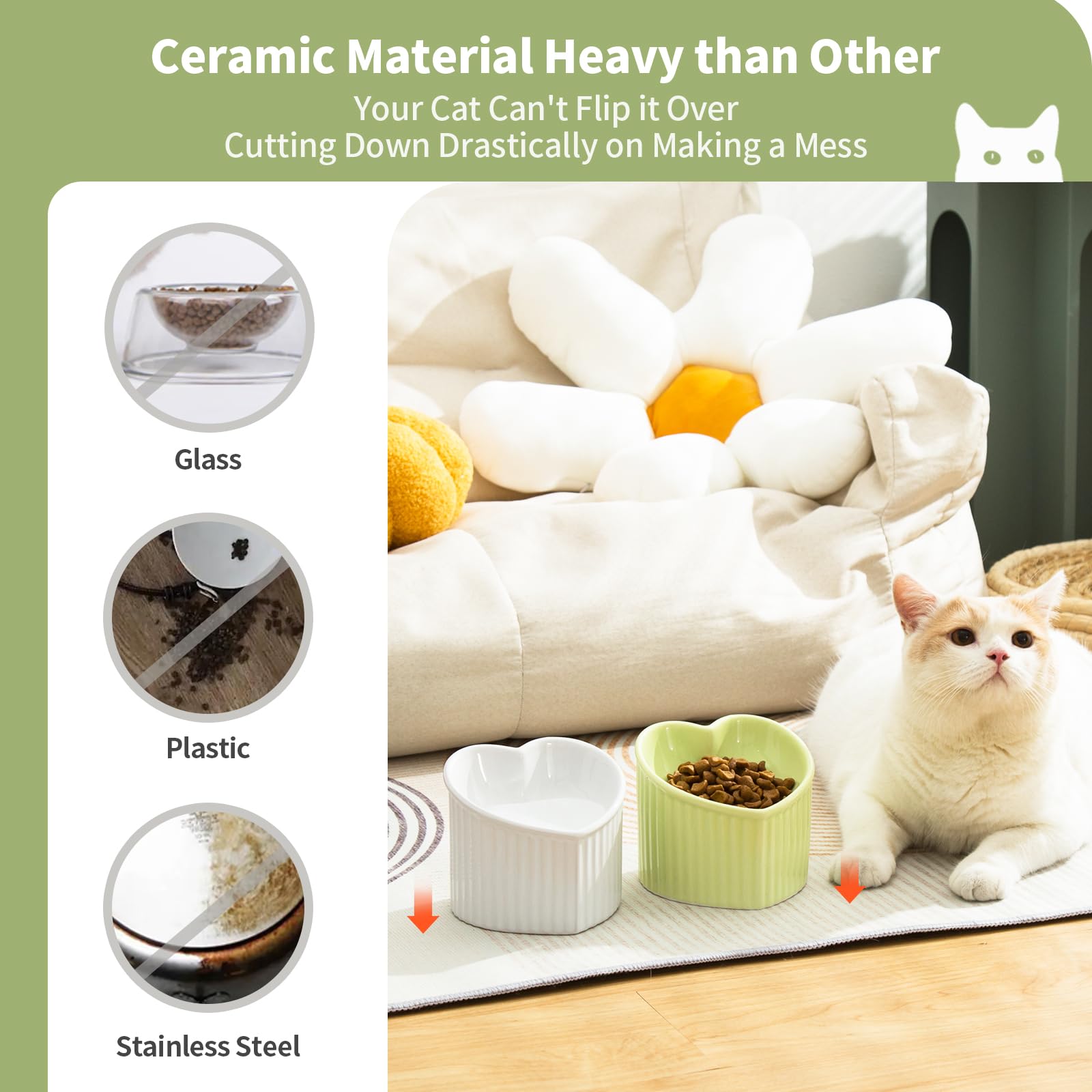Raised Tilted Cat Food Bowls, Elevated Ceramic Cat Bowls, Love Heart Shape, Slanted Pet Feeding Dishes, Stress Free Feeder Bowl
