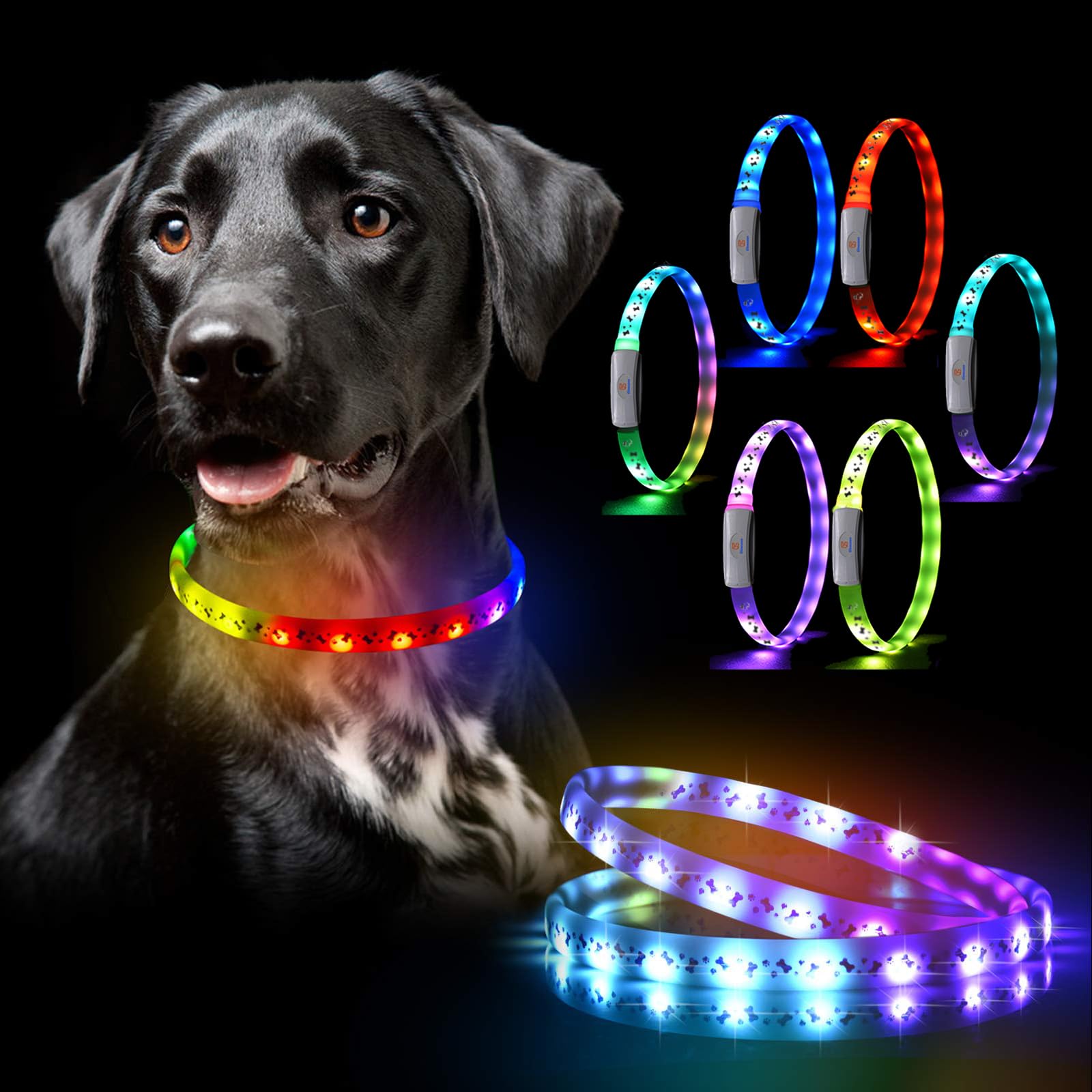Led Dog Collar - Color Changeable Light Up Dog Collars Usb Rechargeable,15 Light Effects Glow In The Dark Collar Weatherproof Fi