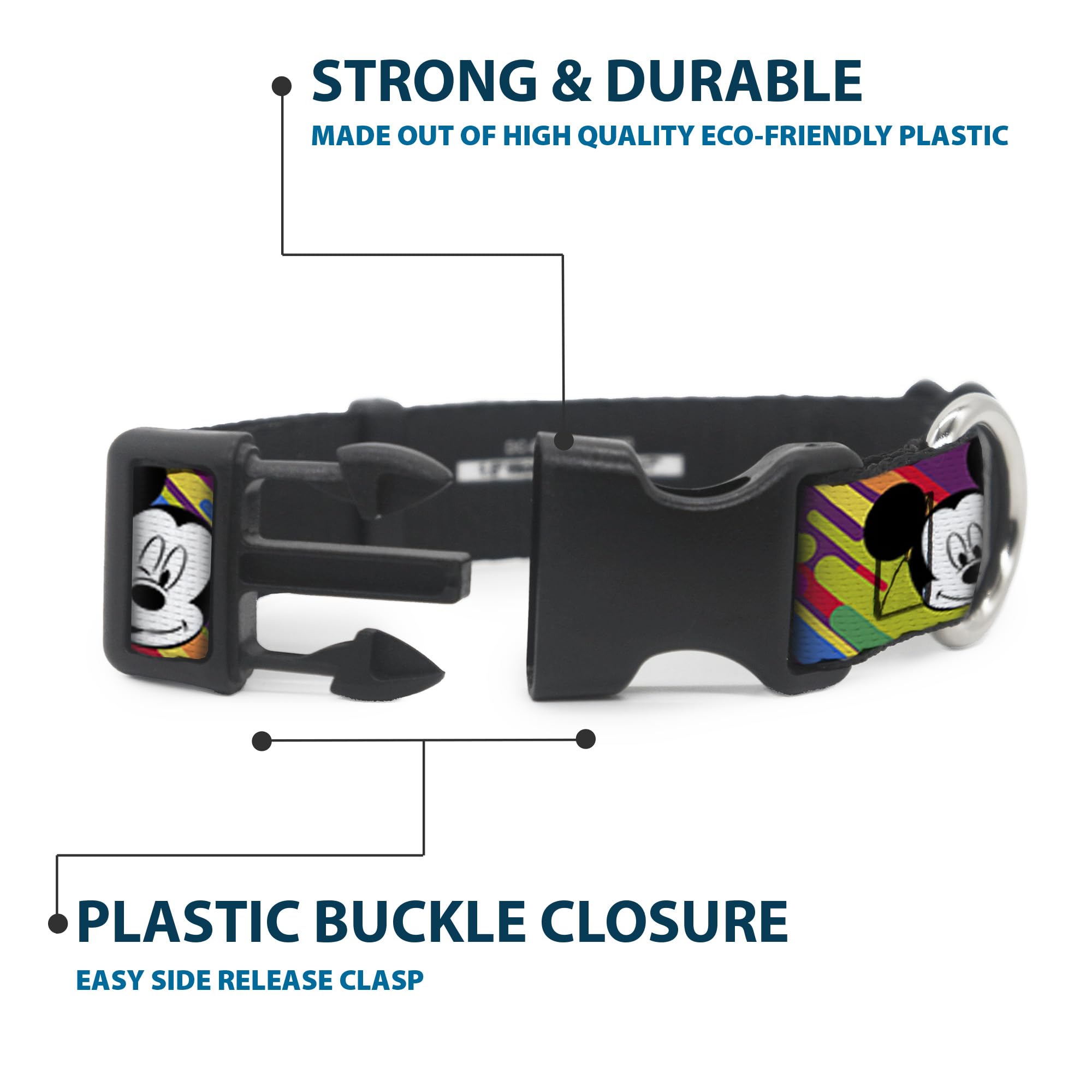 Buckle-Down Plastic Clip Collar - Mickey Mouse Expressions Multi Color White/Black - 1/2' Wide - Fits 8-12' Neck - Medium