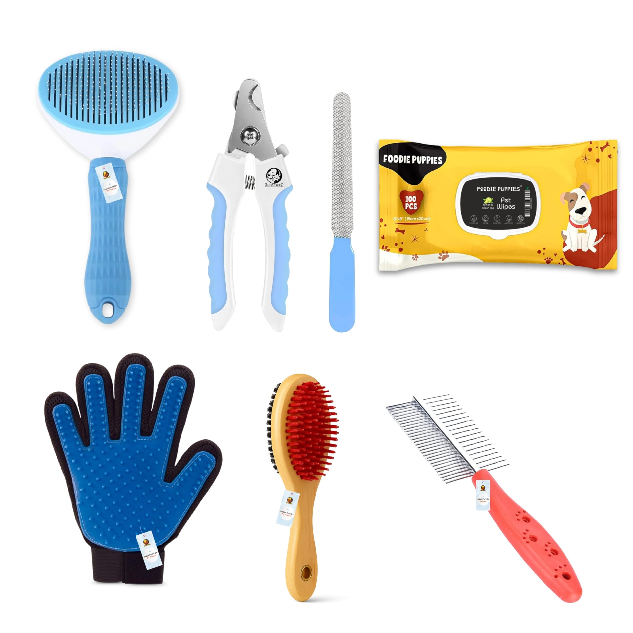 Foodie Puppies Grooming Kit For Dogs  (Grooming Bliss Kit  6In1) | Nail Cutter, Oval Slicker, 2Side Comb, Massage Glove, 2Sid