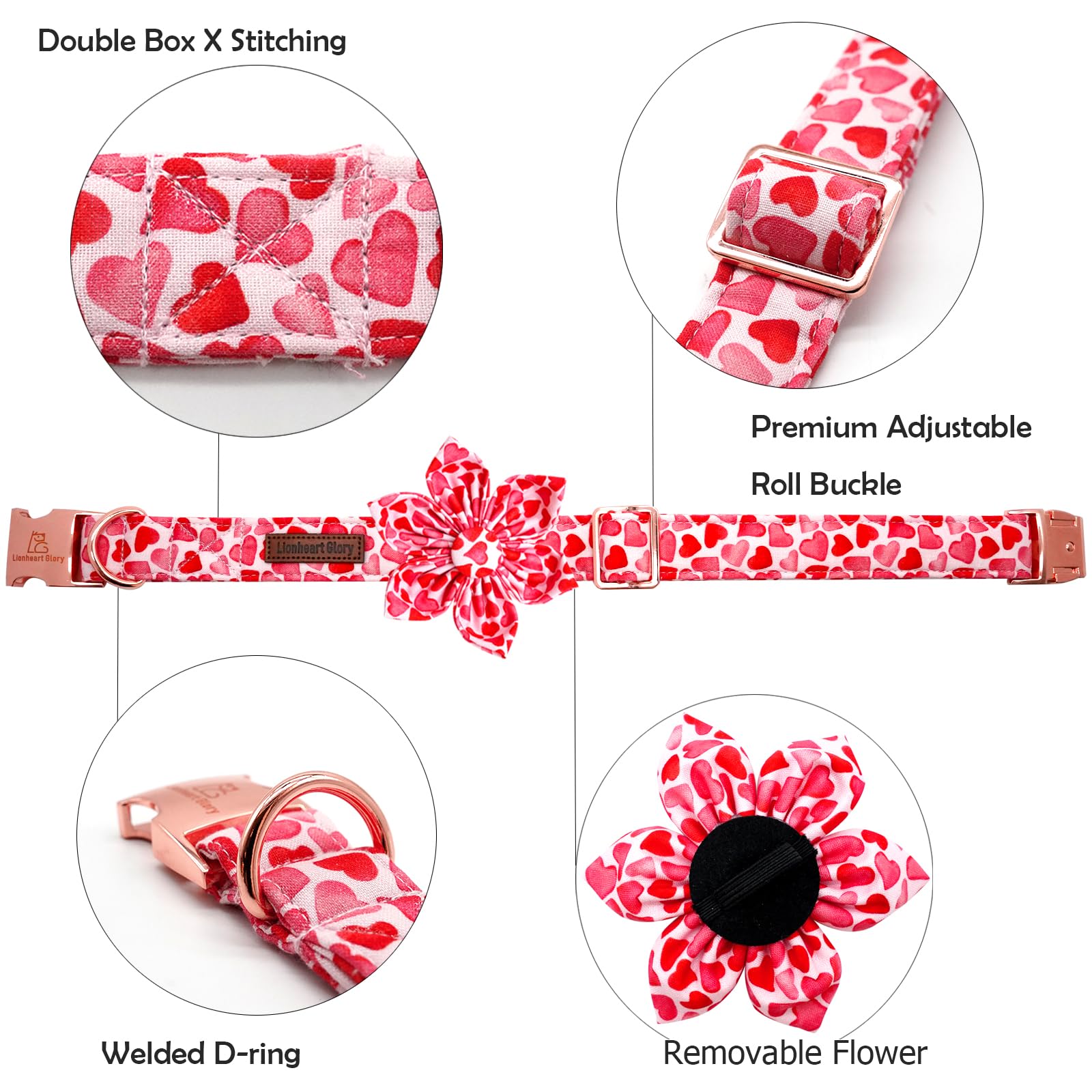Lionheart Glory Valentine'S Day Dog Collar With Flower For Medium Dogs, Hearts Bowtie Spring Pet Collar Bows