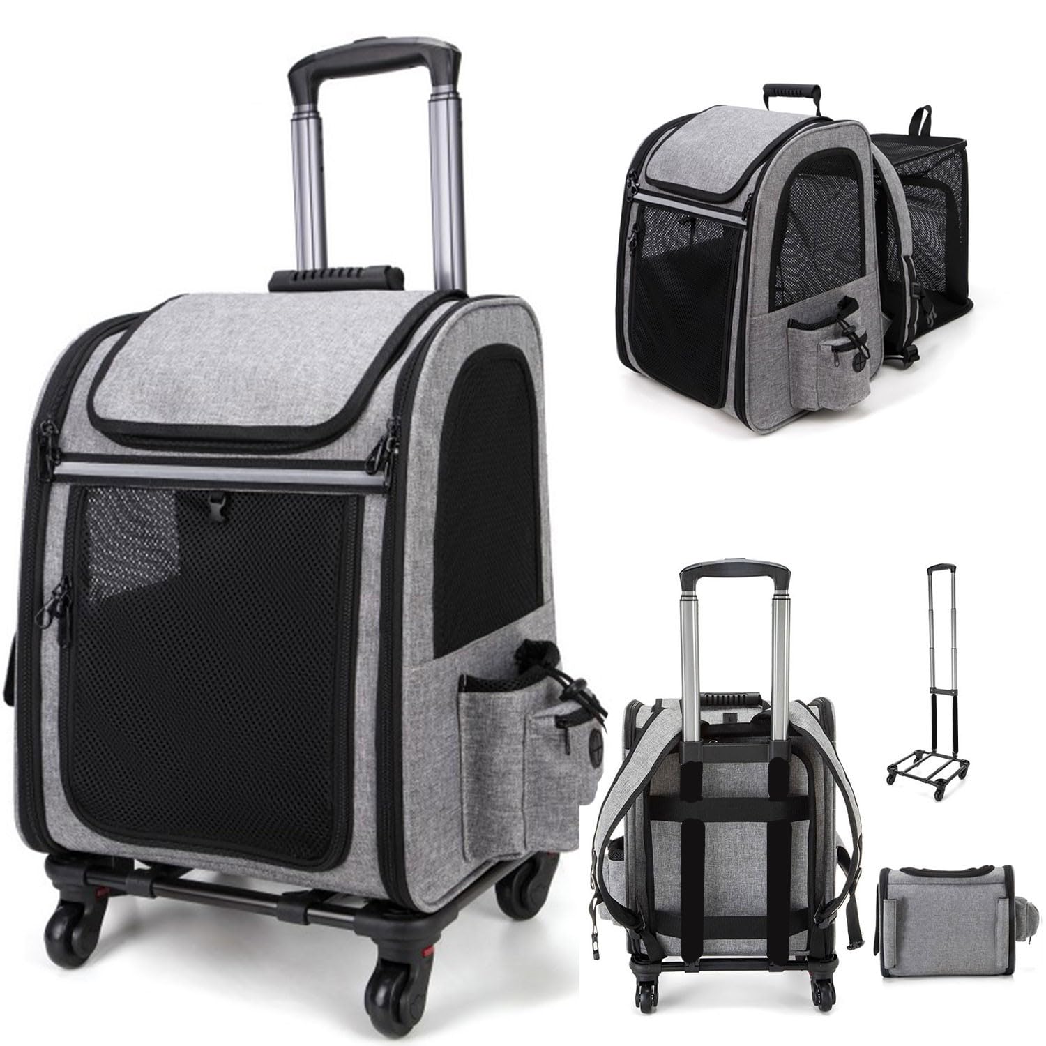 Pet Travel Backpack Carrier with Wheels, Rolling Luggage Design, Airline Approved, for Pets up to 10 lbs, Black/Gray