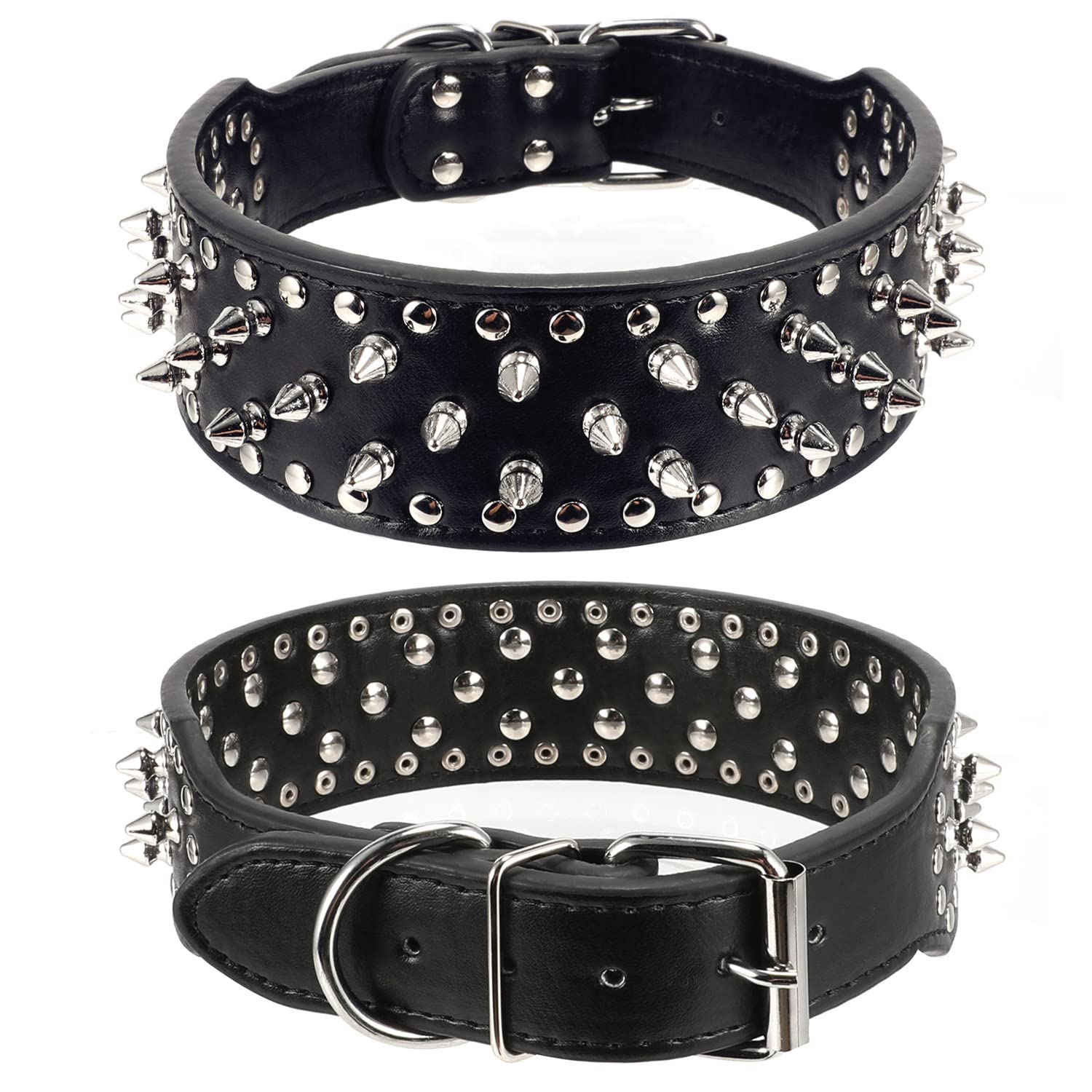 Hoot Pu Leather Adjustable Spiked Studded Dog Collar 2'' Wide 43 Spikes (L(Neck 21''-24''), Black)