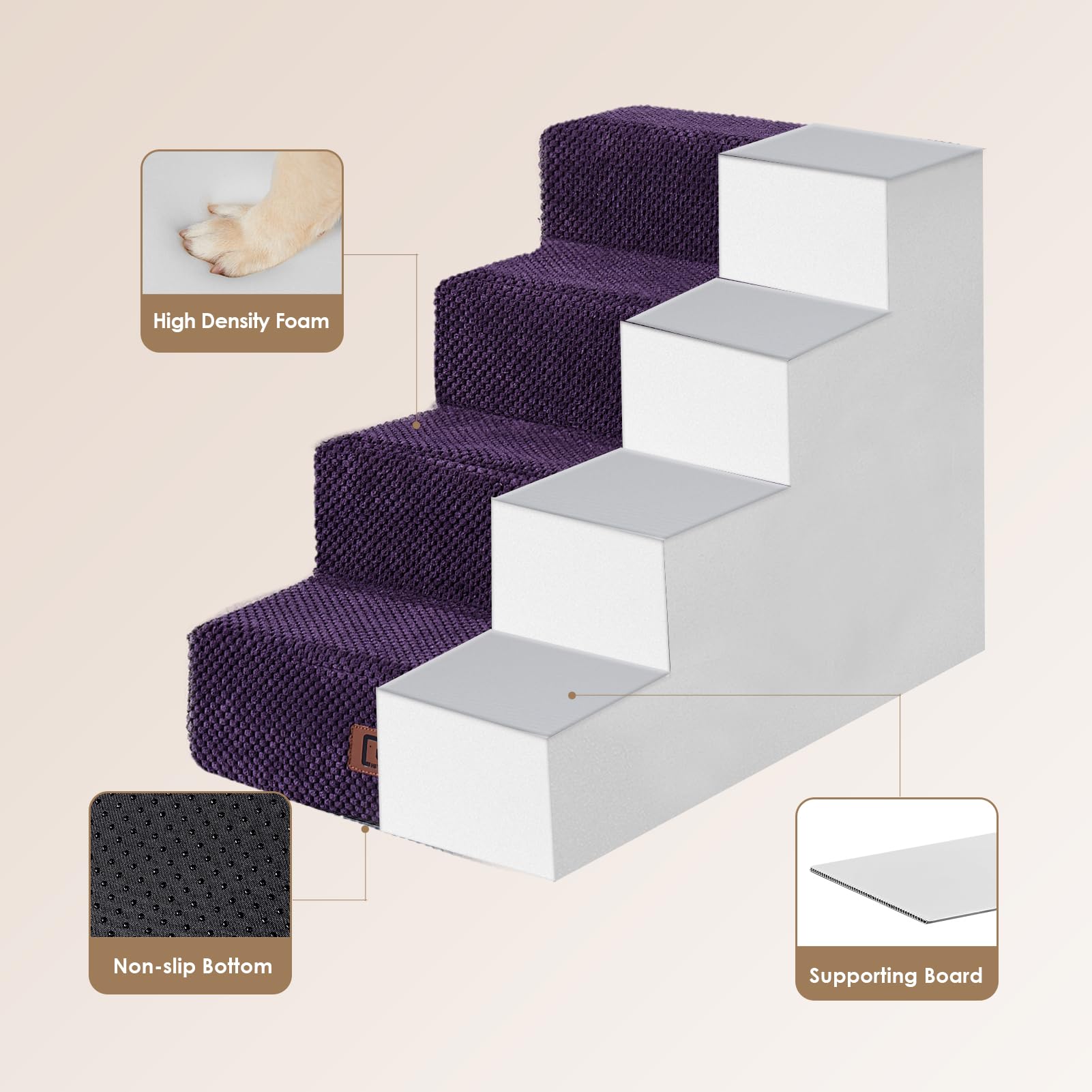 Eheyciga Dog Stairs For Bed 18”H, 4-Step Dog Steps For High Bed, Pet Steps For Small Dogs And Cats, Non-Slip Balanced Dog Indoor Ramp, Purple