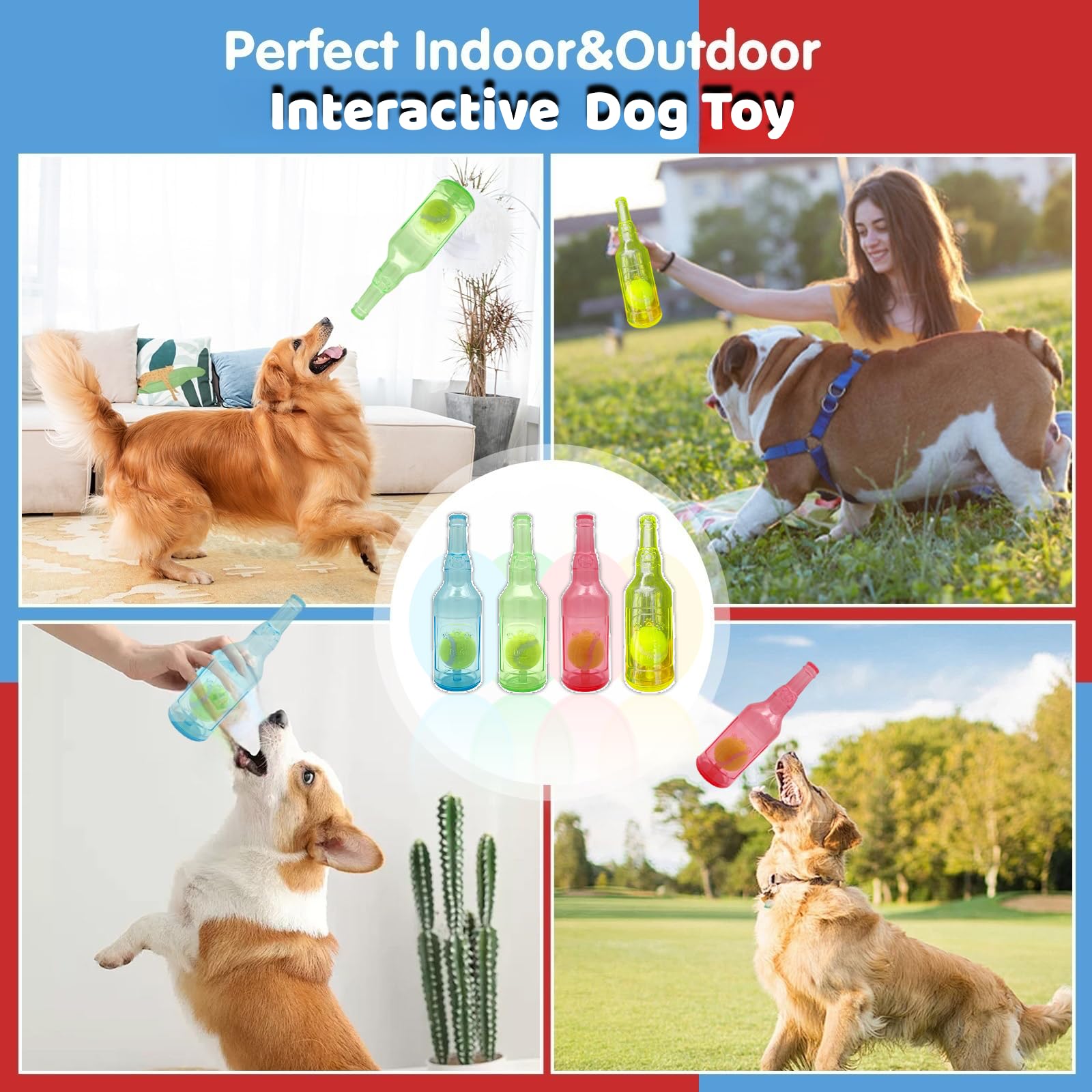 Cute Tough Dog Toy Rubber Bottle Squeaky Dogs Chew Toy Long Lasting Interactive Fetch Toy For Teething Tennis Ball Included (Blu