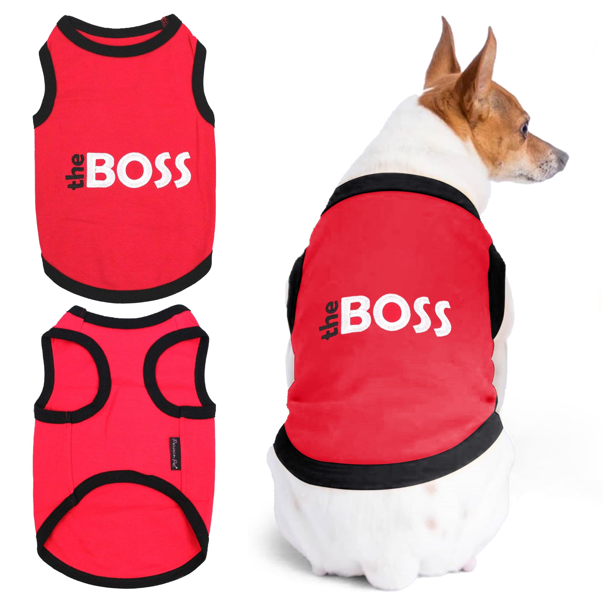 Parisian Pet Dog T-Shirt With Embroidered 'The Boss' - Lightweight Dog Clothes - Sleeveless Dog Outfit Boss - Dog Shirts For Small Dogs, Xs