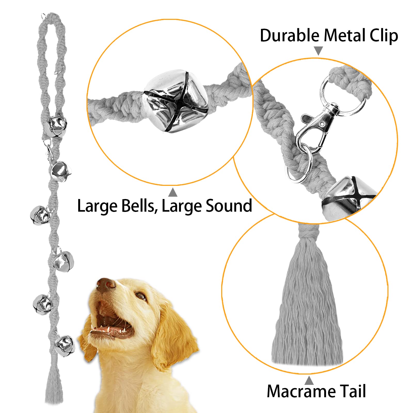 Ginidear Dog Doorbells For Potty Training, Handmade Hanging Dog Bell For Door Knob For Puppies To Ring To Go Outside, Macrame Dog Doorbell Gift. Lightgrey