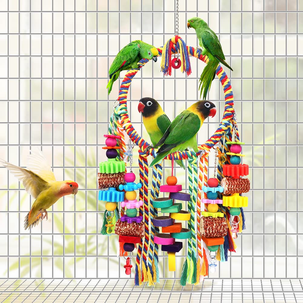 Bird Toys Bird Rope Ring Swing Perch With Corn Cob Cardboard Bagels Wooden Blocks Chewing Toys For Parakeets,Cockatiels,Conure,L