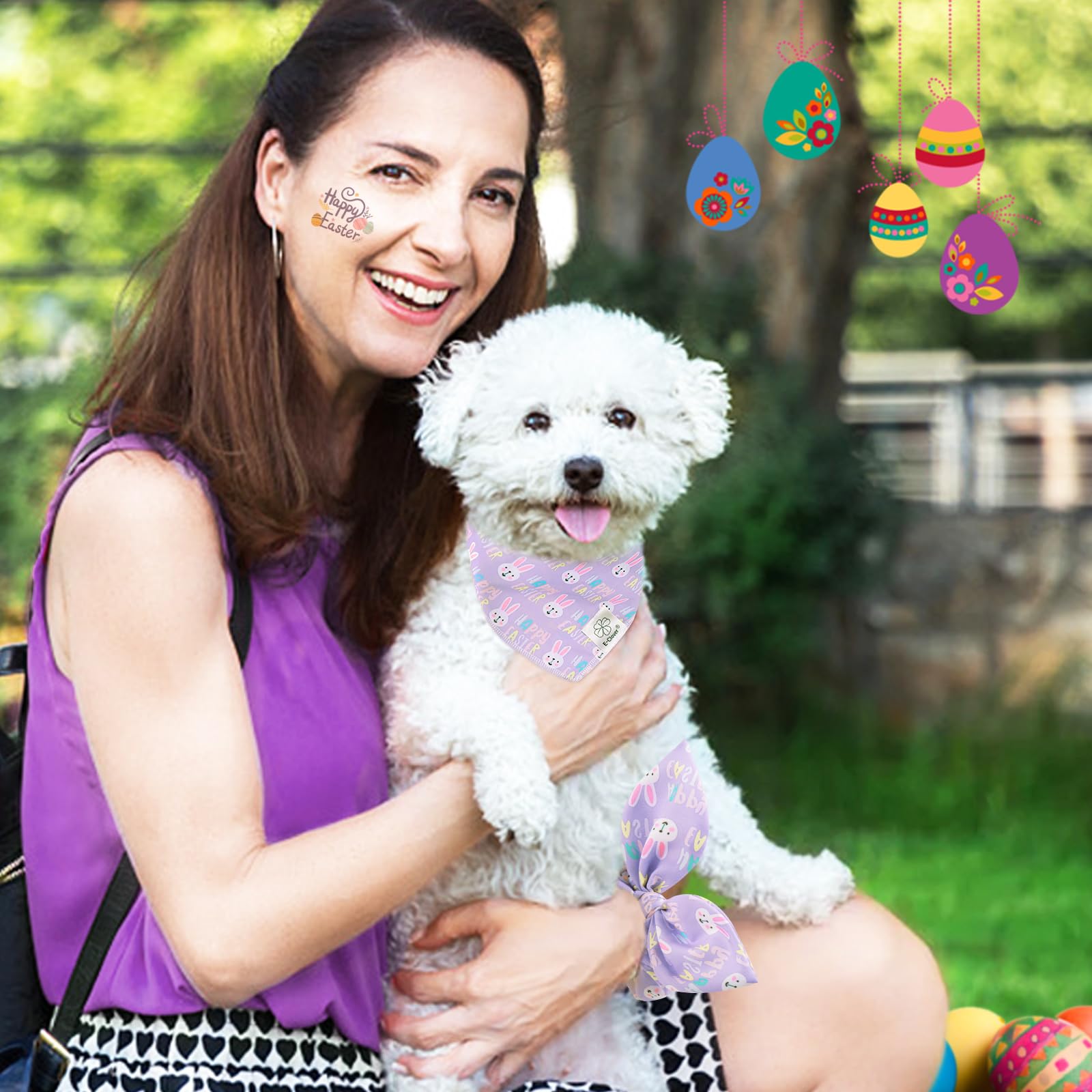 E-Clover Easter Dog Bandana & Matching Scrunchie-Bunny Dog Bandanas Pet Scarf Bib For Samll Dogs Puppy Girl Boy Owner Gift Purpl