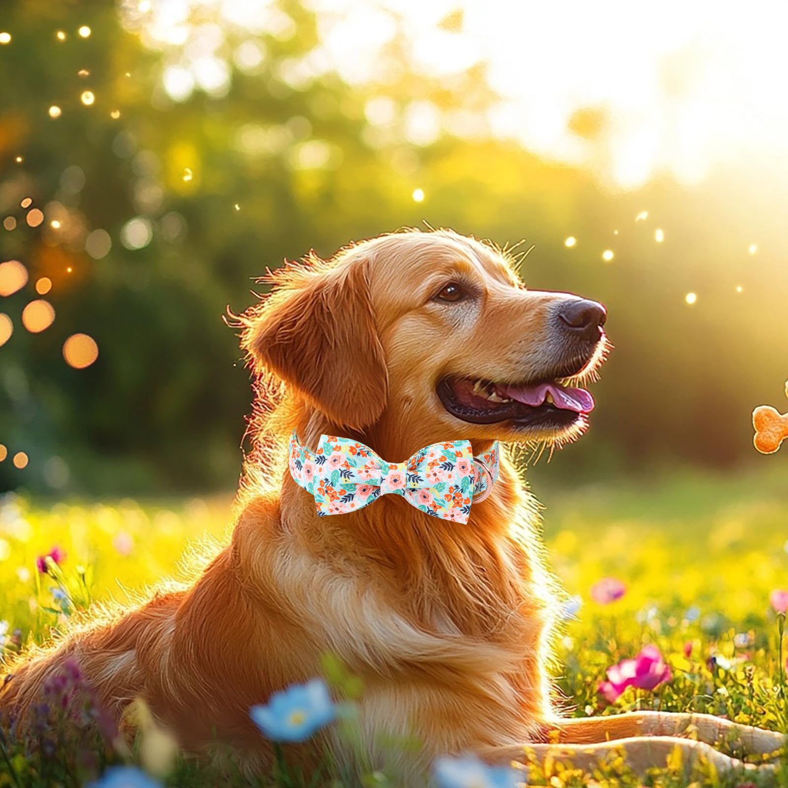 Babole Pet Floral Dog Collar With Bow Tie - Adjustable Light Blue Flower Bowtie Collar Breathable Comfort Spring-Summer Dog Coll