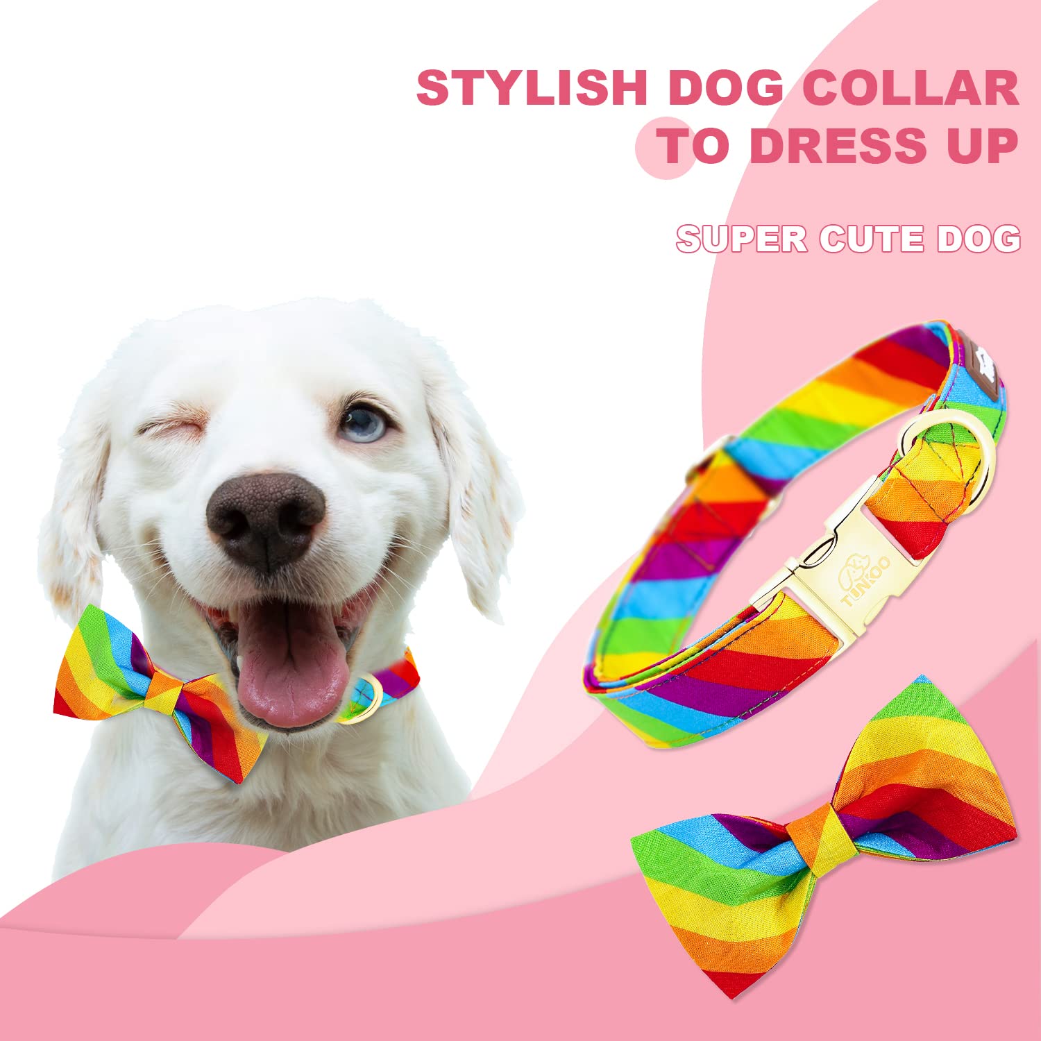 Tunkoo Rainbow Dog Collar With Very Pretty Bow Tie For Lgbt Pride Month - Adjustable And Comfortable Collar For Large Medium Sma
