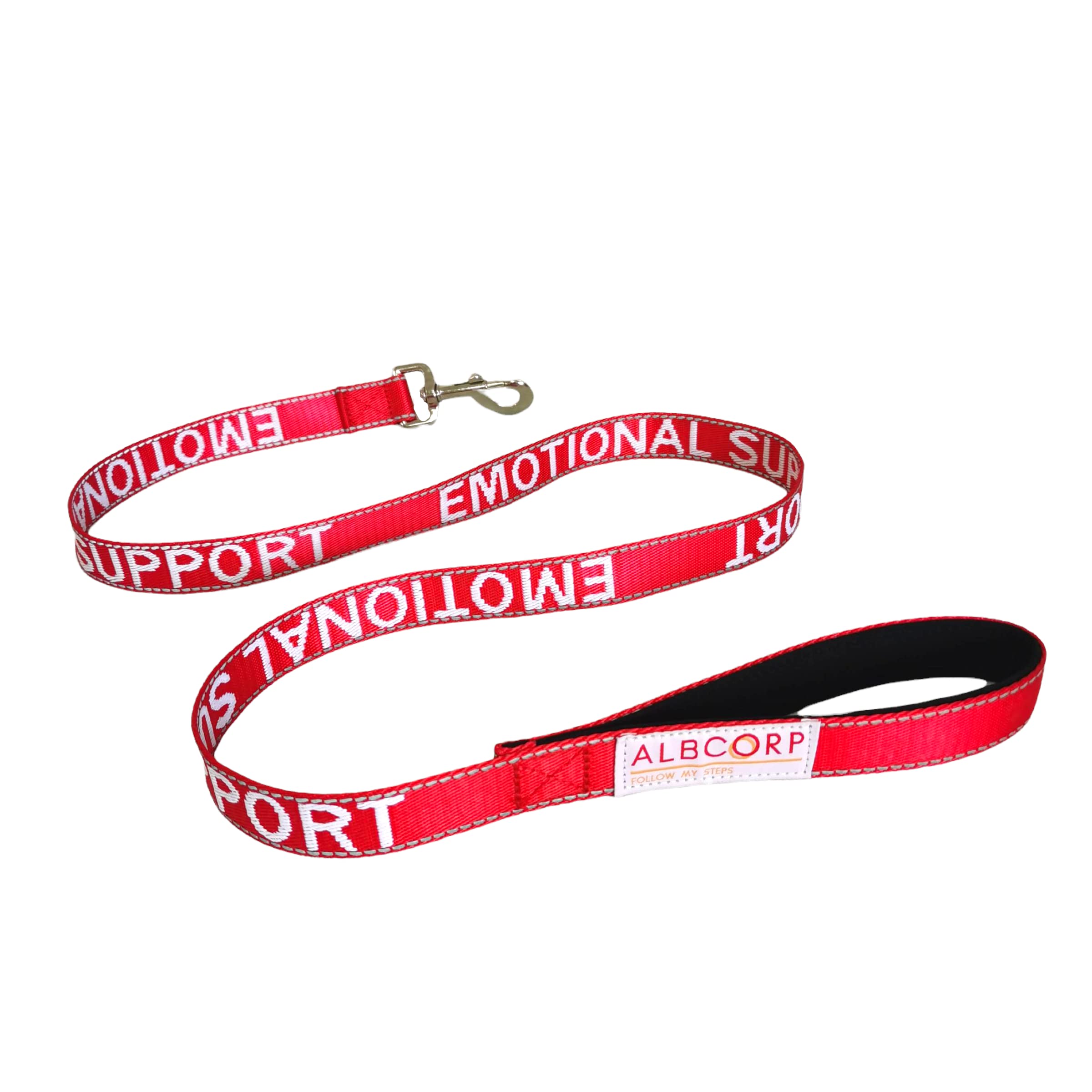 Albcorp Emotional Support Dog Leash - Embroidered- With Padded Neoprene Handle And Reflective Threads, 4 Feet, For Harnesses, Vests Or Collars, Red