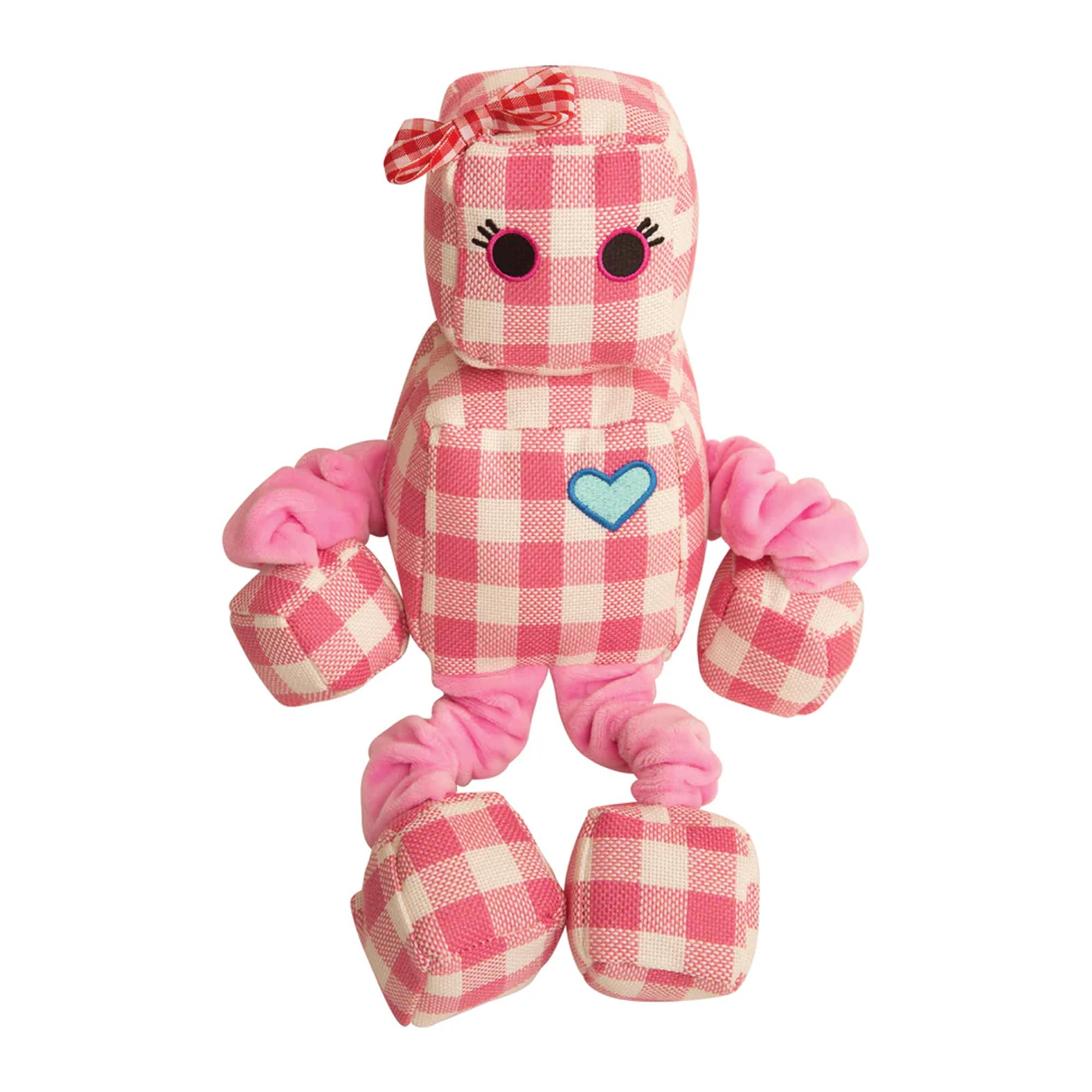 SnugArooz Rosie The Robot Plush Dog Toy with Repair Patch - Durable Gingham Linen - Bungee Arms & Legs - Perfect Cuddle Buddy