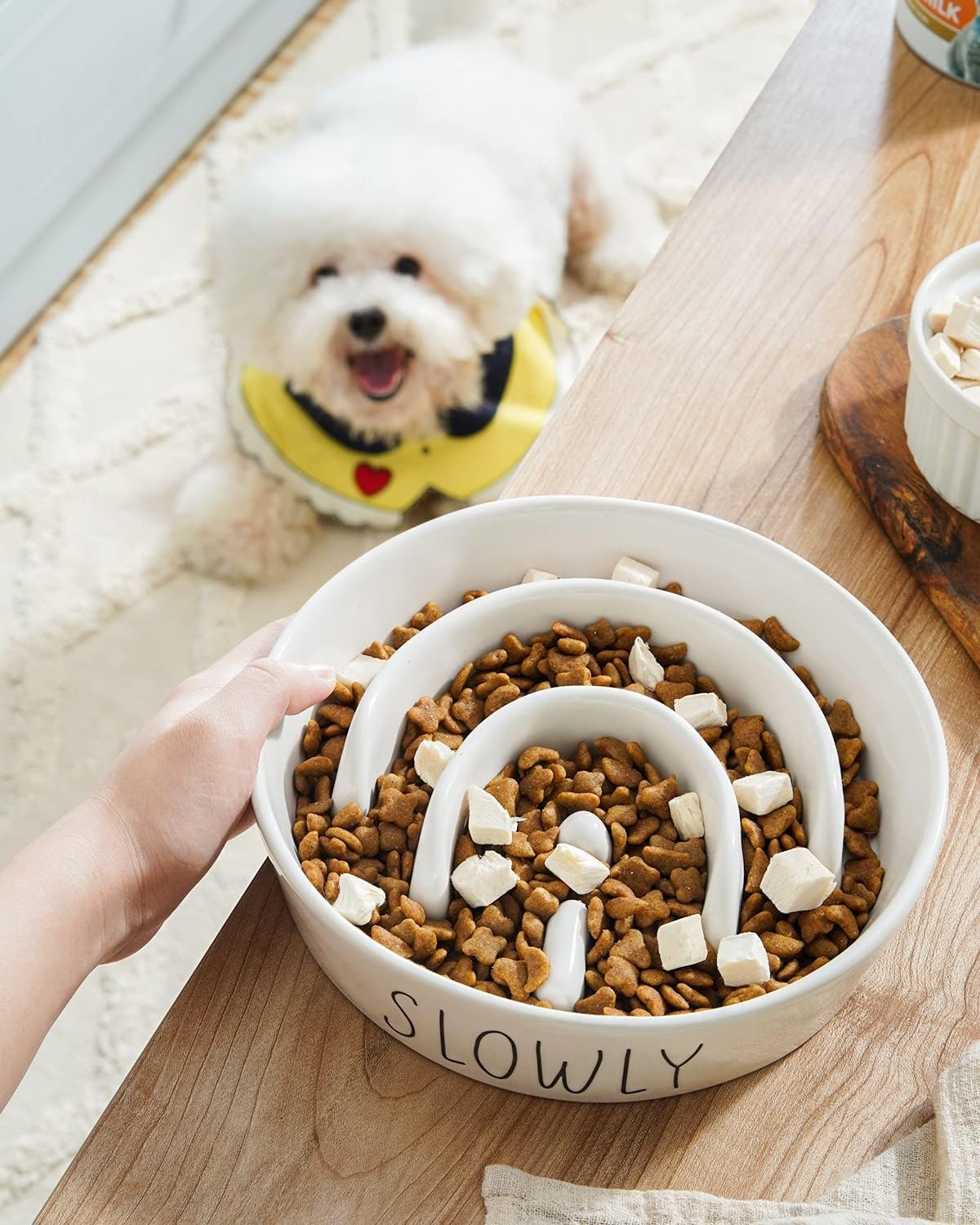 Ceramic Slow Feeder Dog Bowls Elevated For Small And Medium Breed, With Wooden Stand, 1.5 Cups To Slow Down Eating, Anti-Gulping