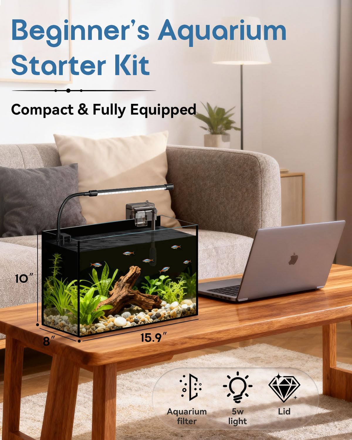 Minilake 5 Gallon Glass Fish Tank Kit with Filter & Lights, Clear, Model ML-HG-5G, Ideal for Betta & Goldfish