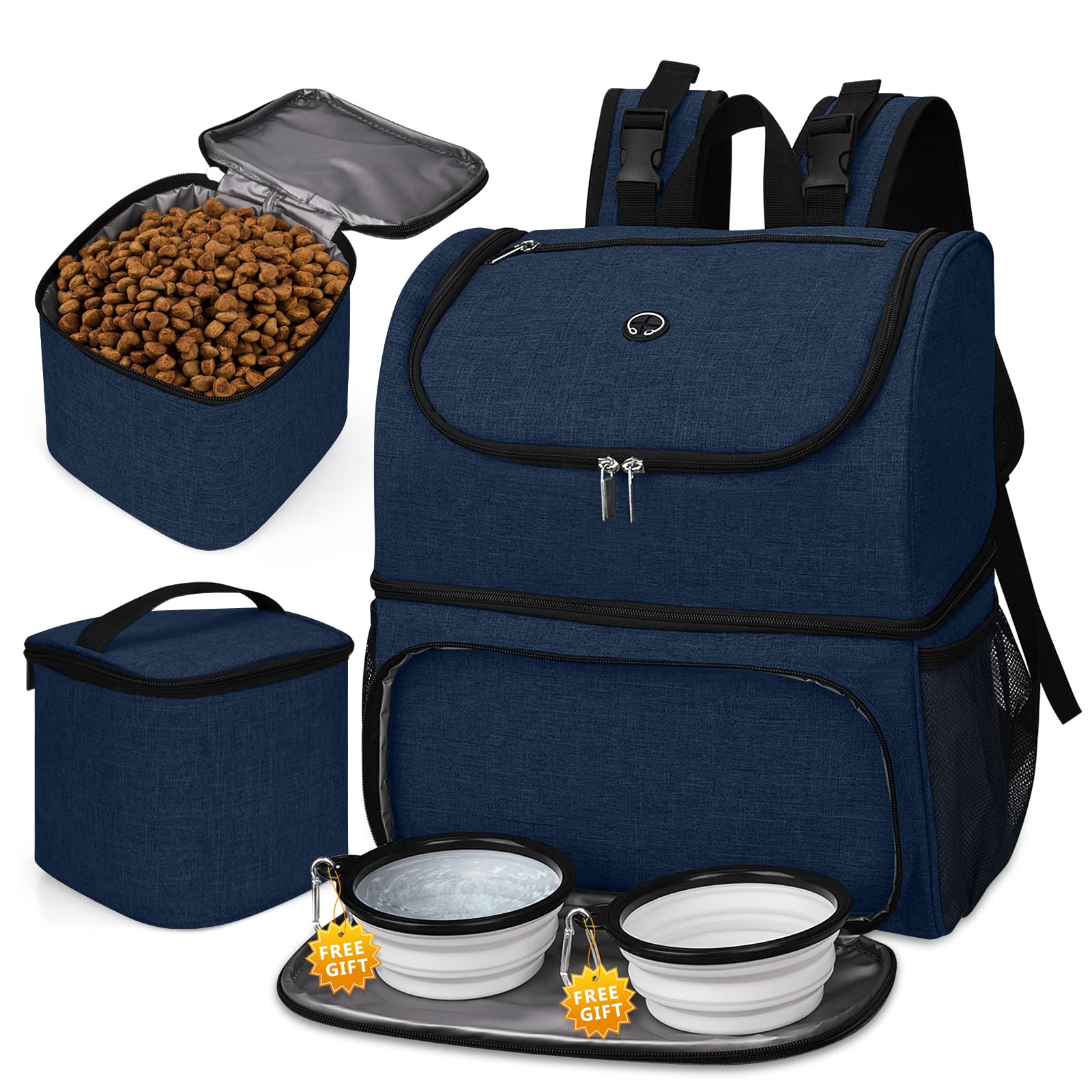 BAGLHER Pet Travel Backpack, Double-Layer with 2 Bowls & Food Baskets, Small, Dark Blue, Polyester