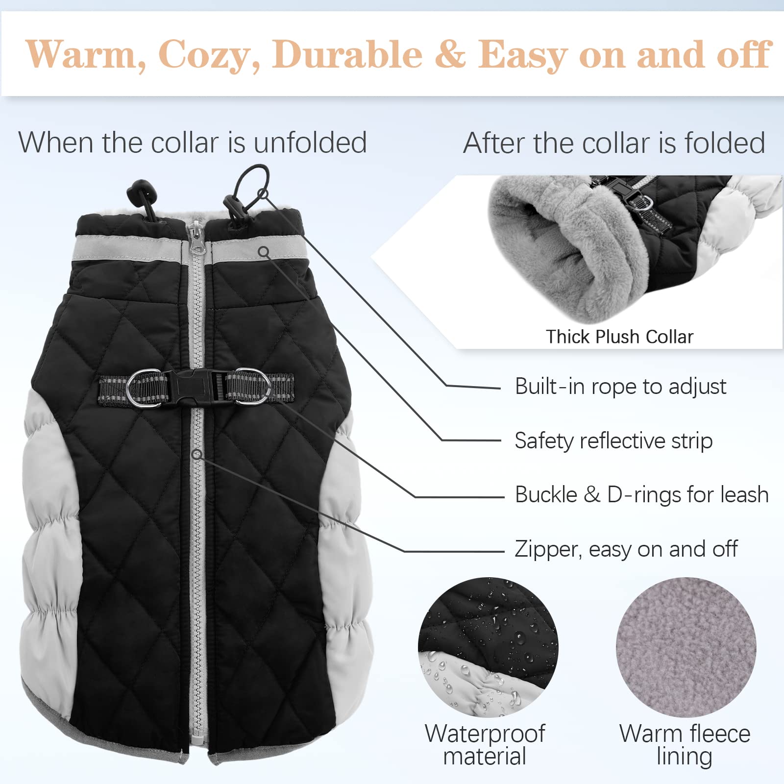 OUOBOB Dog Winter Jacket, Waterproof & Windproof Fleece Apparel, X-Small, Black, Model C96-126MF
