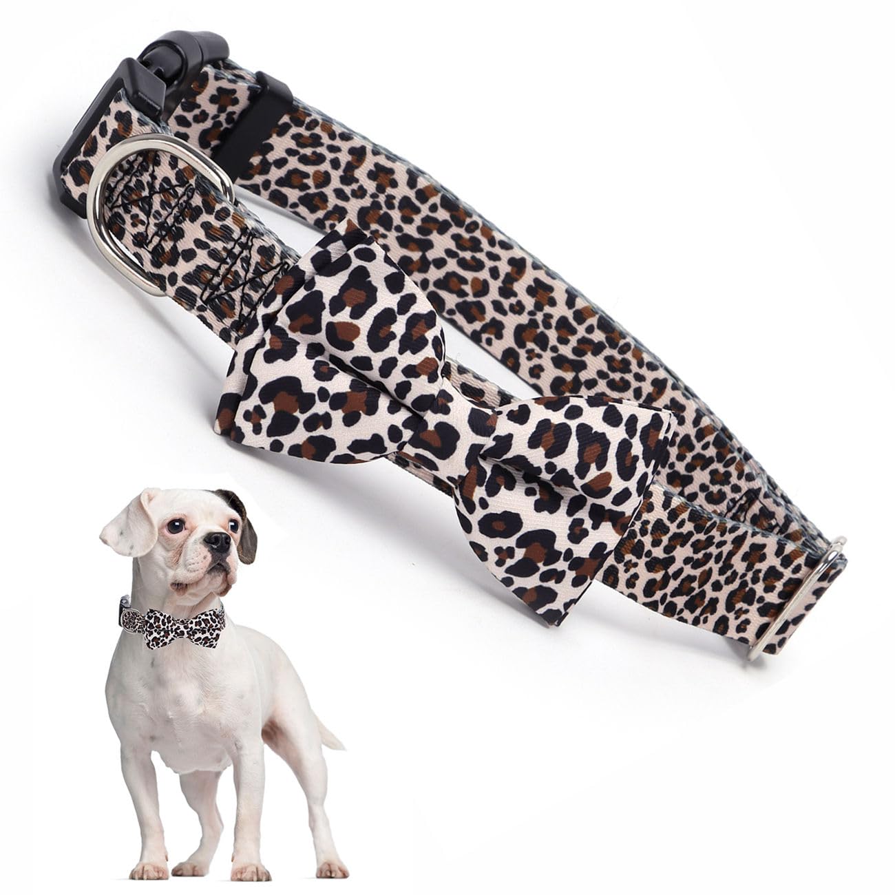 Leopard Dog Collars With Bow Tie, Pretty Pattern Cheetah Print Design Quick Release Buckle Soft Nylon Girl Dog Collars With Bowt