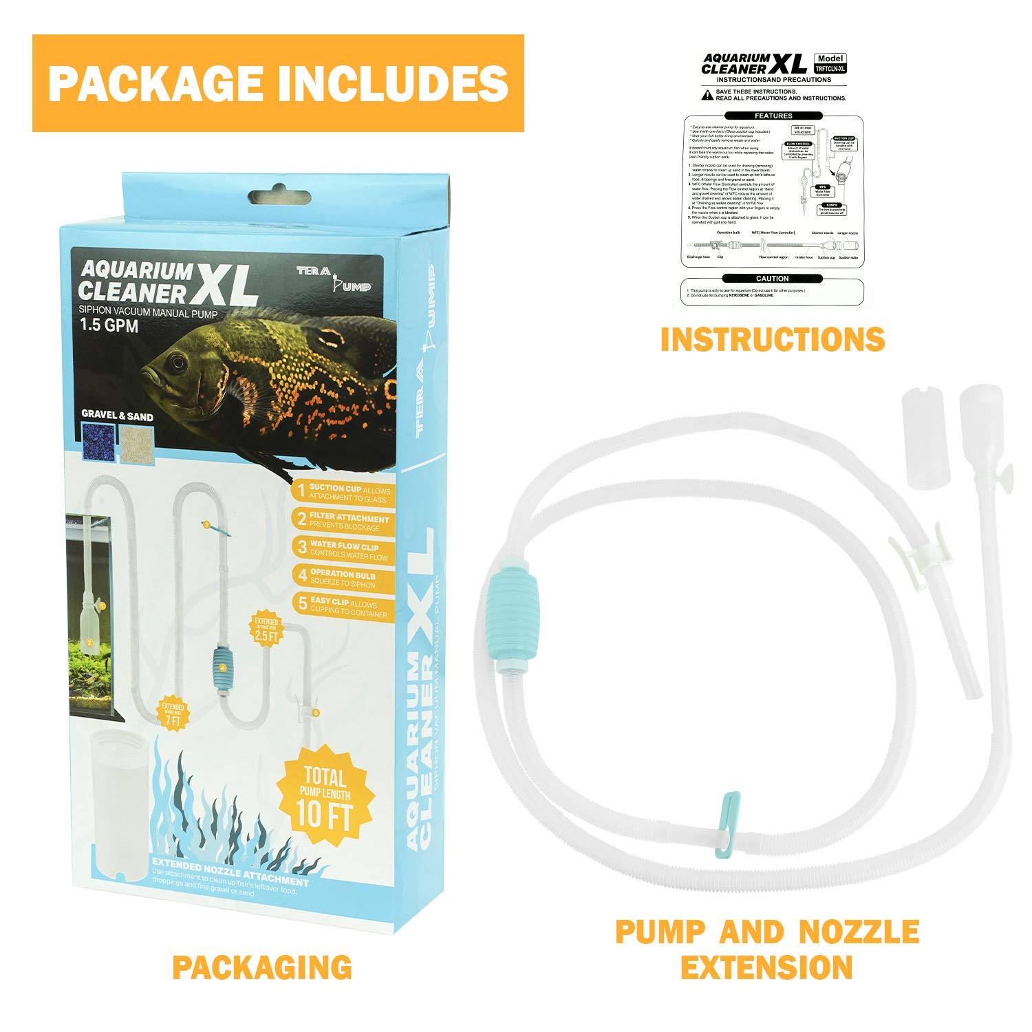 TERA PUMP 2 Pack Extra Long 10 FT Fish Tank Gravel Cleaner Siphon - Manual Water Pump for Aquariums 10 Gallons - BPA-Free Water
