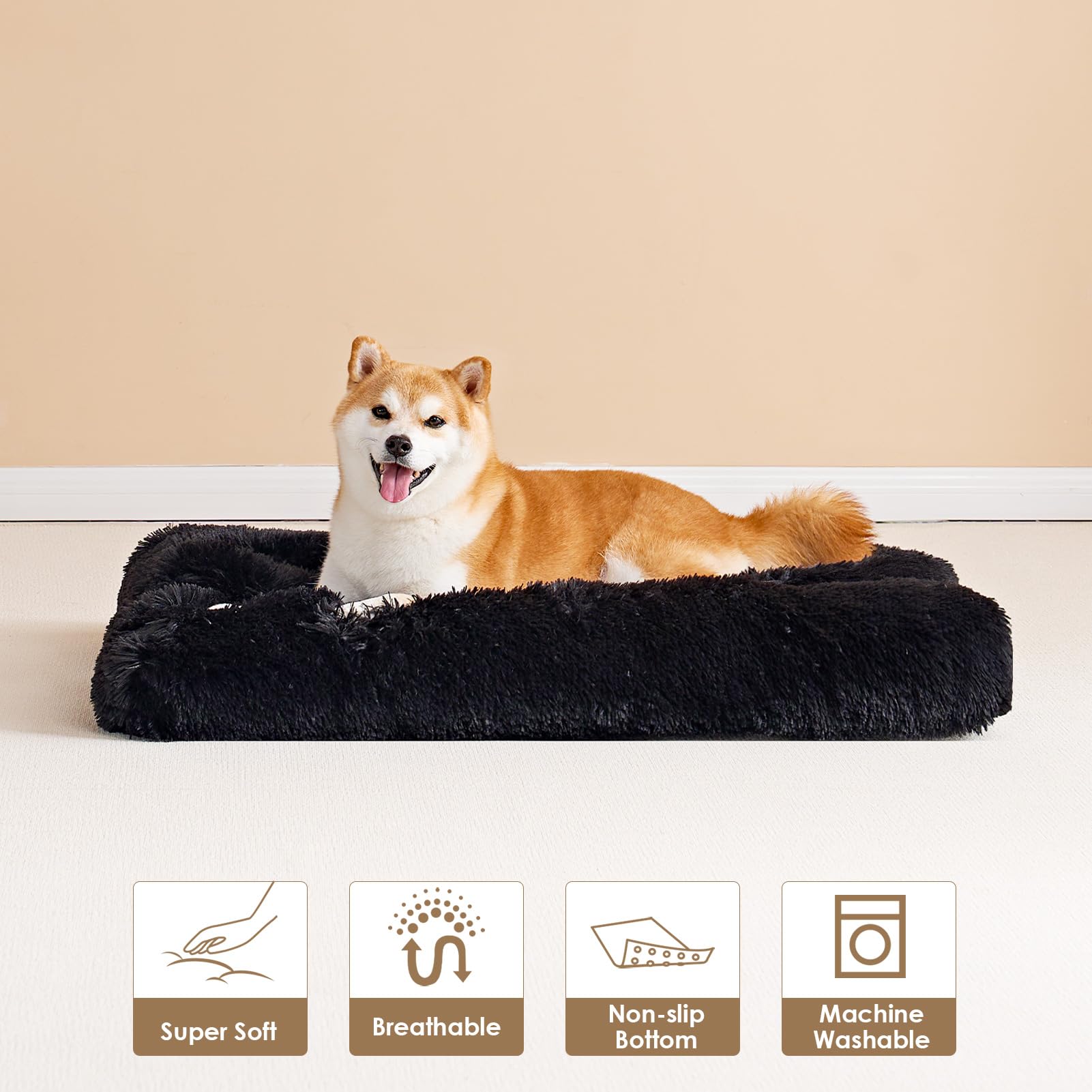 Eheyciga Fluffy Dog Crate Bed For Large Dogs, Plush Faux Fur Dog Crate Pad, Calming Anti Anxiety Large Dog Bed For Crate, Washable Soft Warm Dog Crate Mat With Non-Slip Bottom, Black