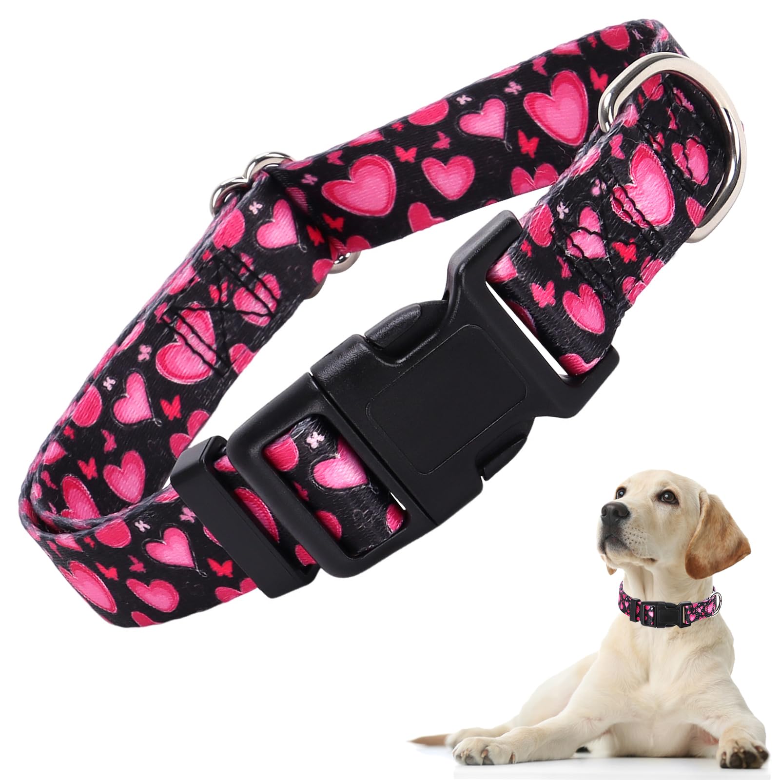 Dog Collar For Small Dogs With Love Heart Patterns For Girl & Boy Dogs, Pink Dog Collar Adjustable Heavy Duty Nylon Collar With 