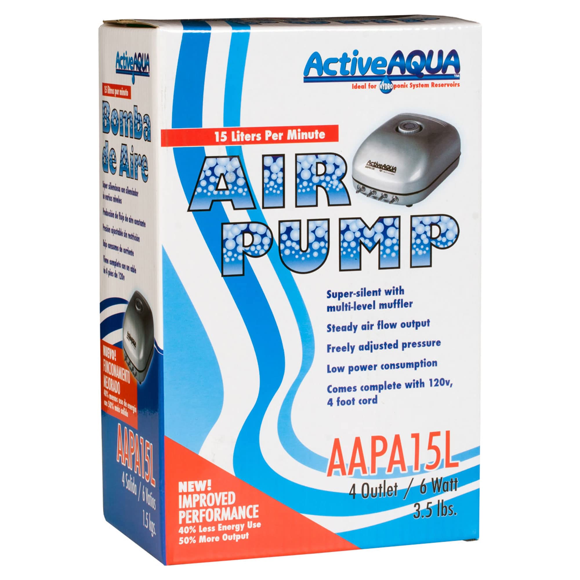 Hydrofarm Aapa15L Active Aqua, 4 Outlets, 6W, 15 L/Min Air Pump, Silver,Grey