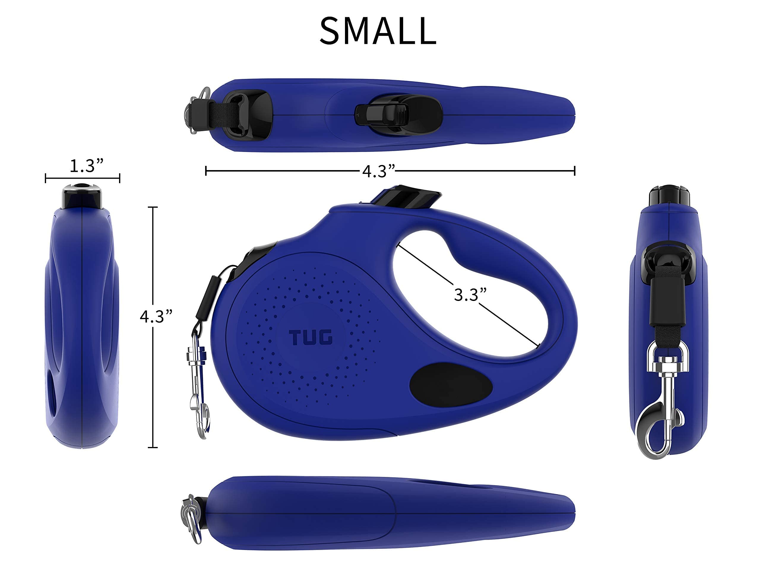 TUG Retractable Dog Leash, Tangle-Free with Waste Bag Dispenser, Small, Blue, Nylon
