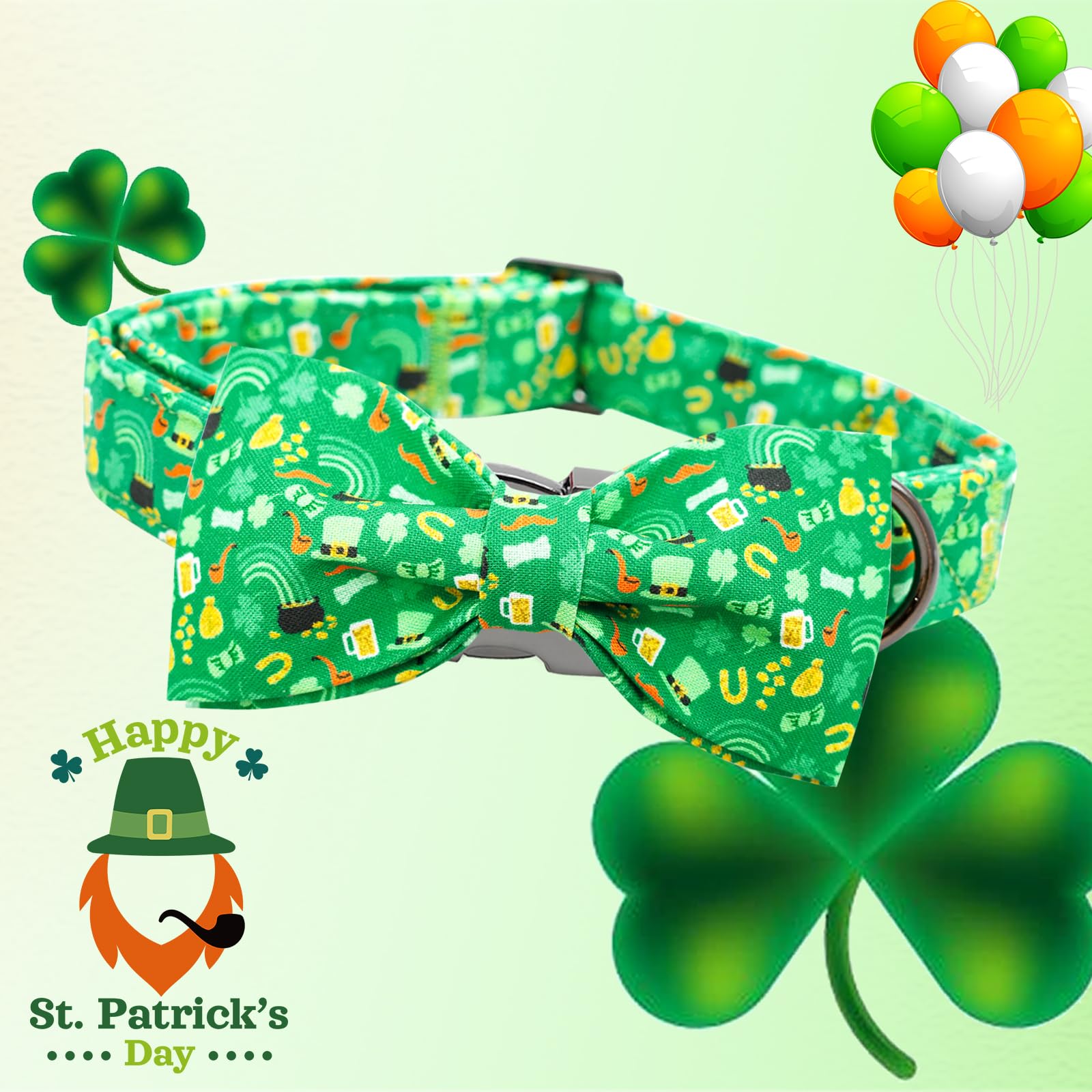 Lionheart Glory St. Patrick'S Day Dog Collar For X-Small Dogs - Adjustable Green With Lucky Clover Shamrock And Bowtie
