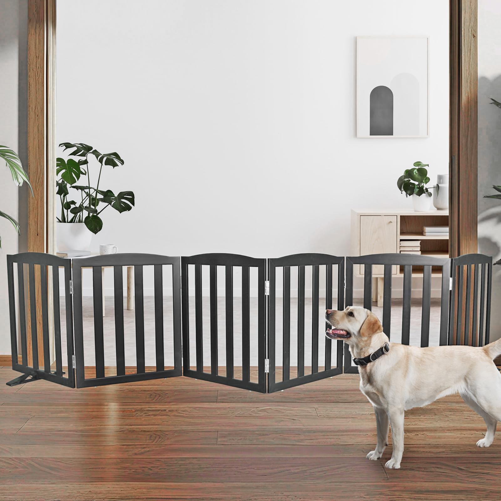 SFJC Freestanding Dog Gate Indoor,Doggie Gate Foldable Pet Gates for Doorways,Stairs or Hallways, Wooden Black Pet Gate for The 