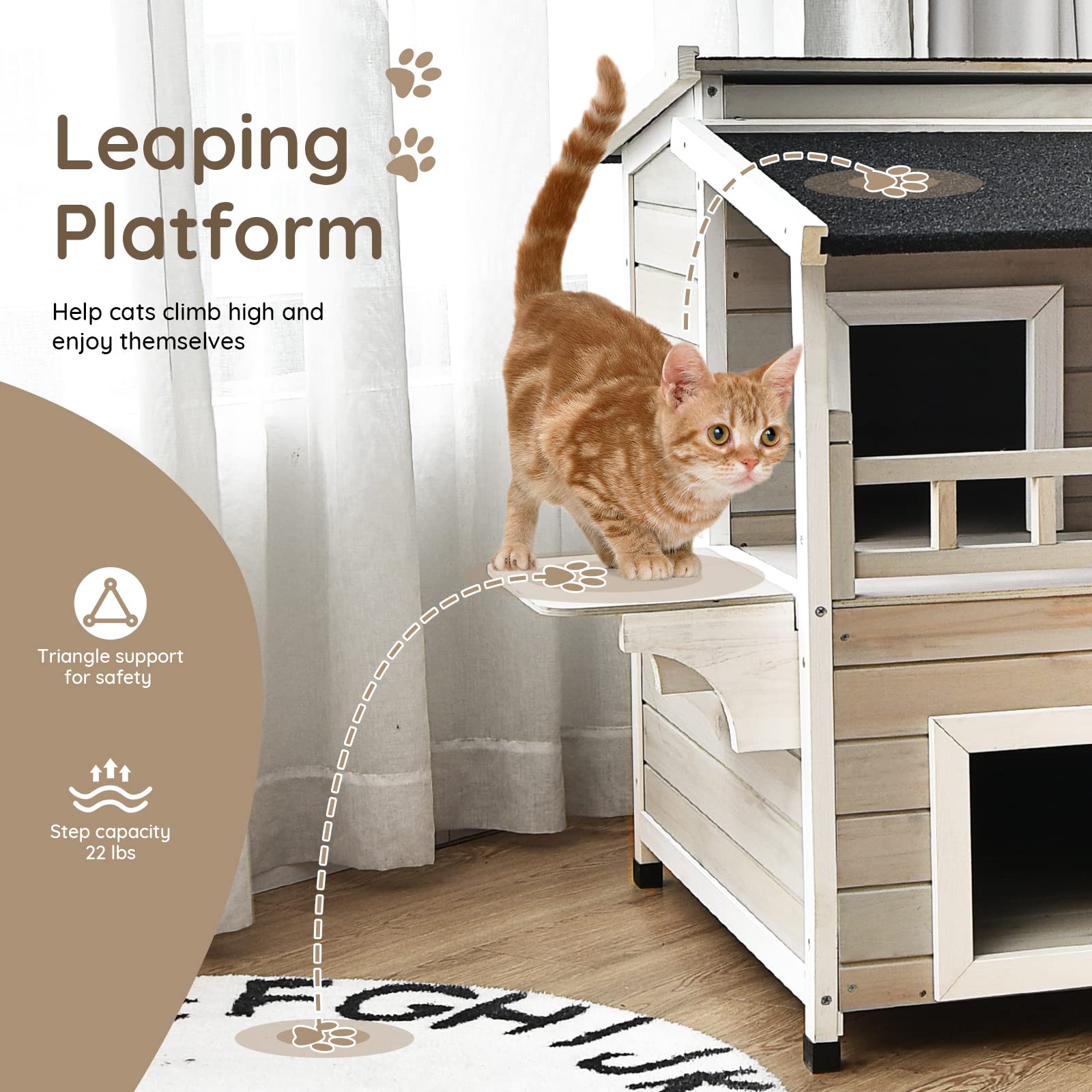 Petsite 2-Story Outdoor Cat House Weatherproof, Wooden Cat Shelter For Multiple Feral Cats