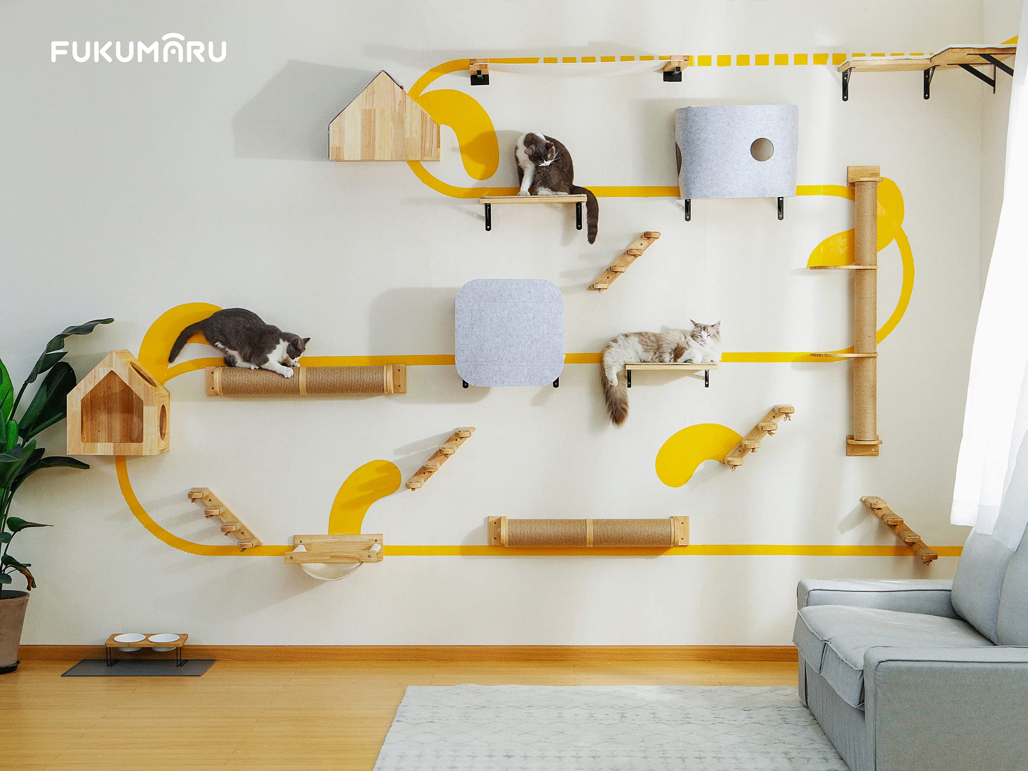 Fukumaru Cat Scratching Post, 35 X 4.5 Inch Cat Wall Furniture, Rubber Wood Wall Mounted Cat Scratcher Posts For Large Cats, Thicker Columns For Multi-Functions