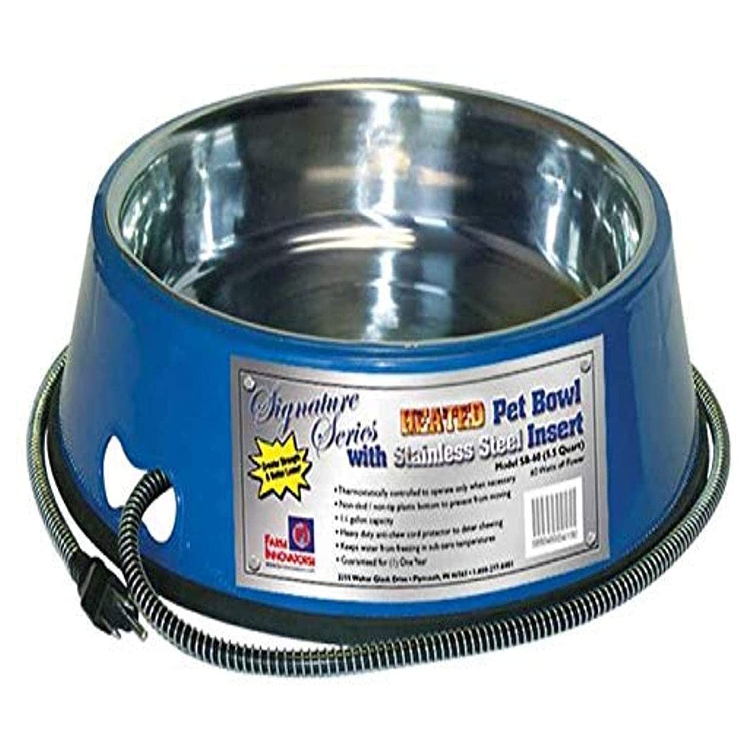 Farm Innovators Signature Series 60 Watt 5.5 Quart Electric Heated Pet Water Bowl With Stainless Steel Insert And Thermostatic C