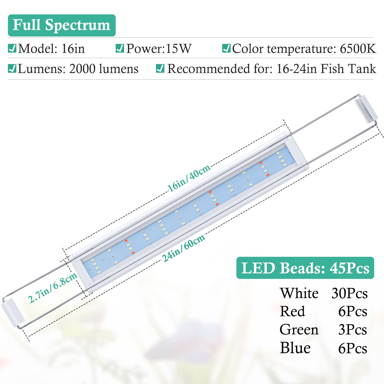 Hitop Full Spectrum Led Aquarium Light - 16-24” Classic Fish Tank Light With Timer, Aquarium Plant Light With Stable Extendable Brackets (16-24In)
