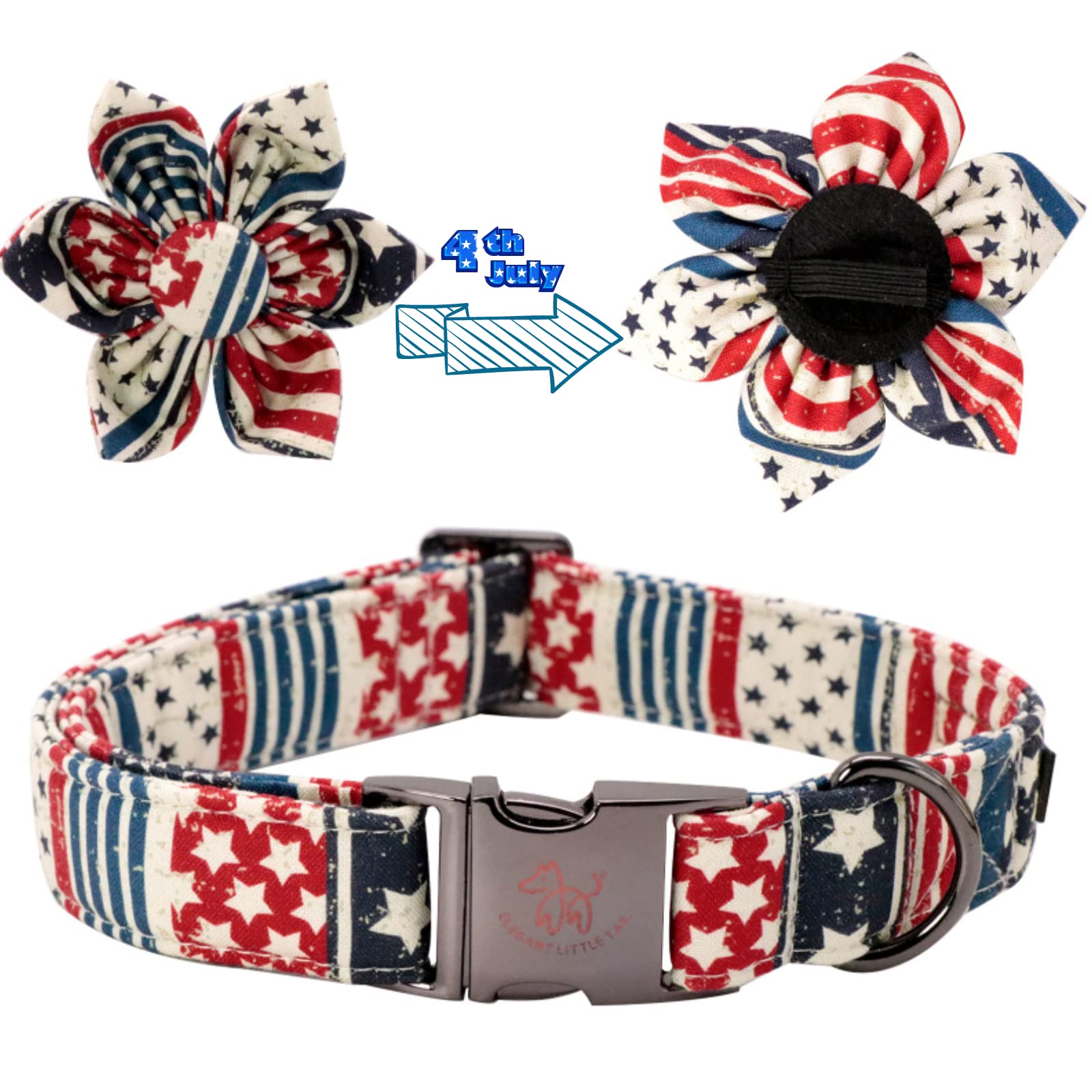 Elegant Tail Us Flag Dog Collar - Cute Detachable Flower Collar, Adjustable For X-Large Dogs