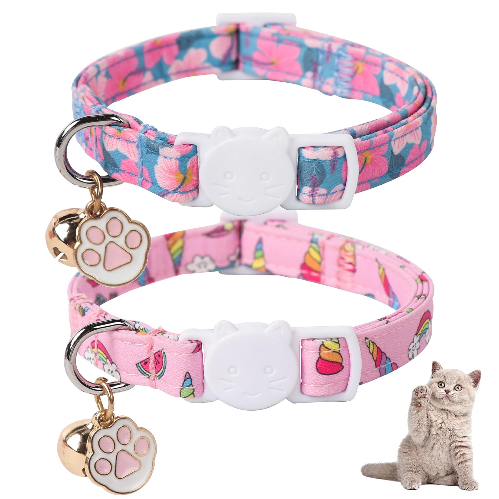 Unique Style Paws Pink Cat Collar,Breakaway Cat Collar With Bell & Pendant,Adjustable Cat Collar For Girl Boy Cats,Ideal Gift Fo